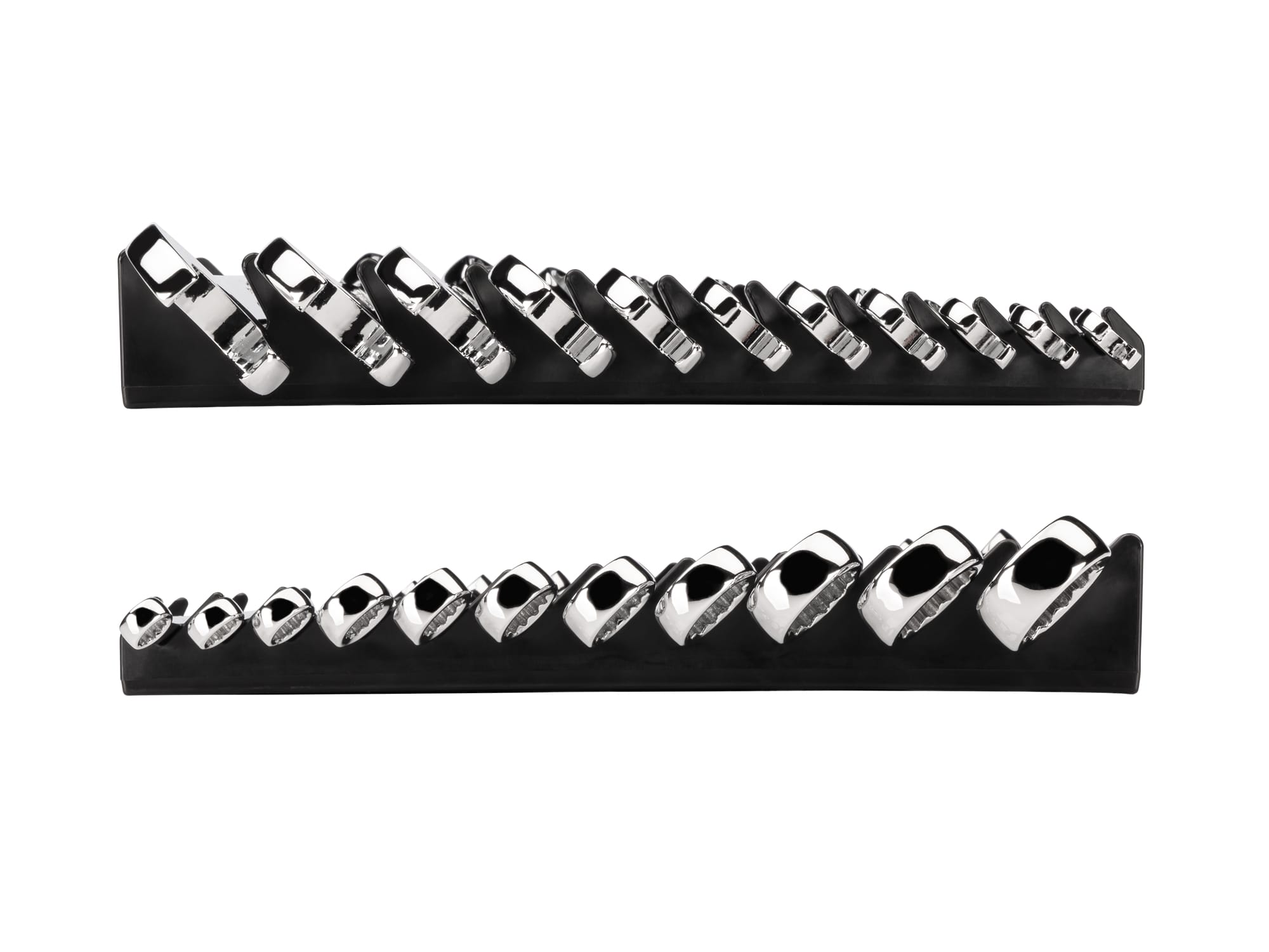 Left and right views of 11-piece inch combination wrench set in a black rack