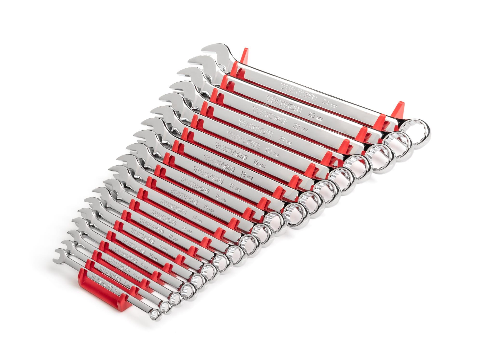 Front-right angle view of Tekton rack combination wrench set. Item #WCB91202