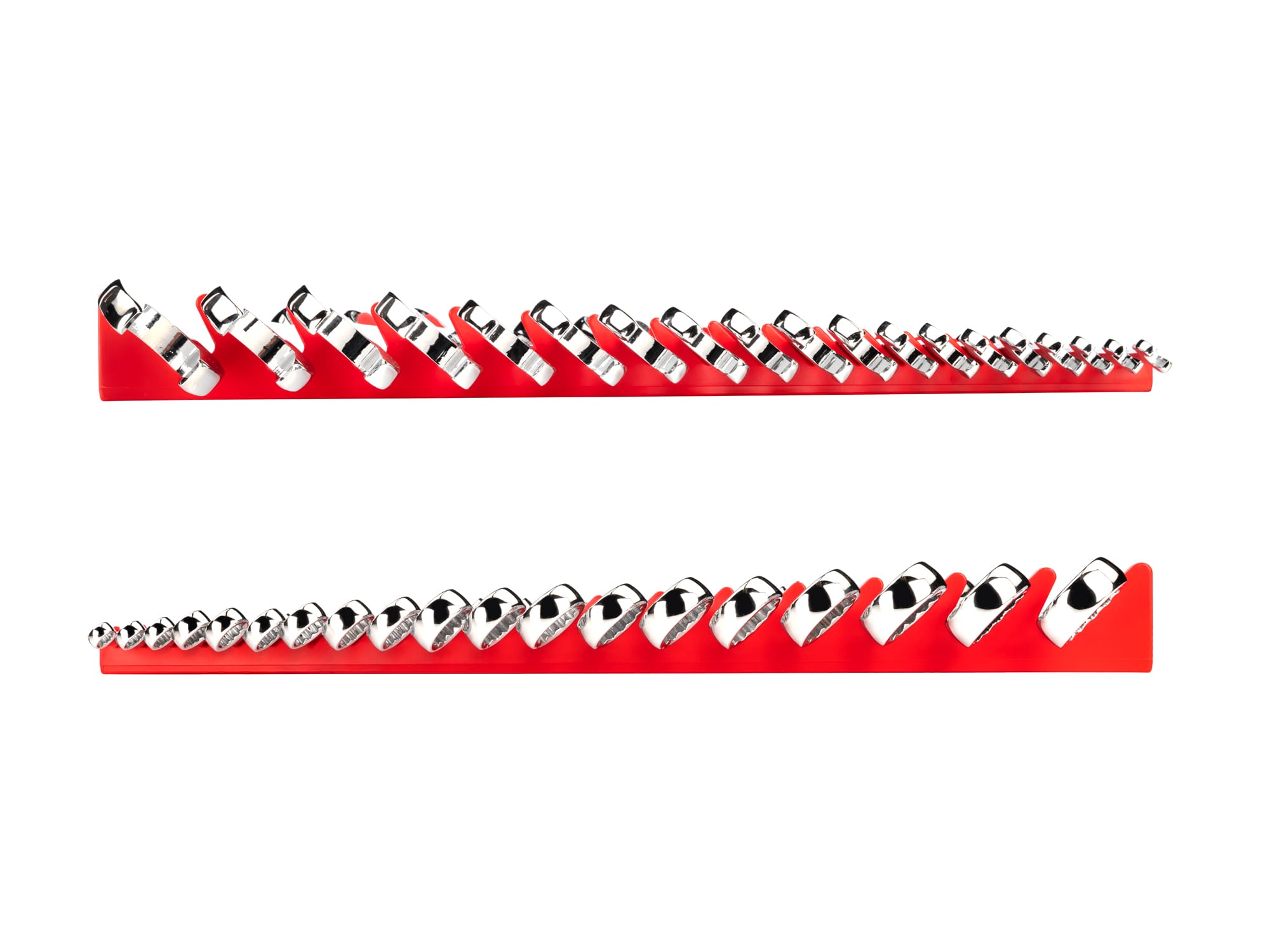 Left and right views of 19-piece metric combination wrench set in a red rack