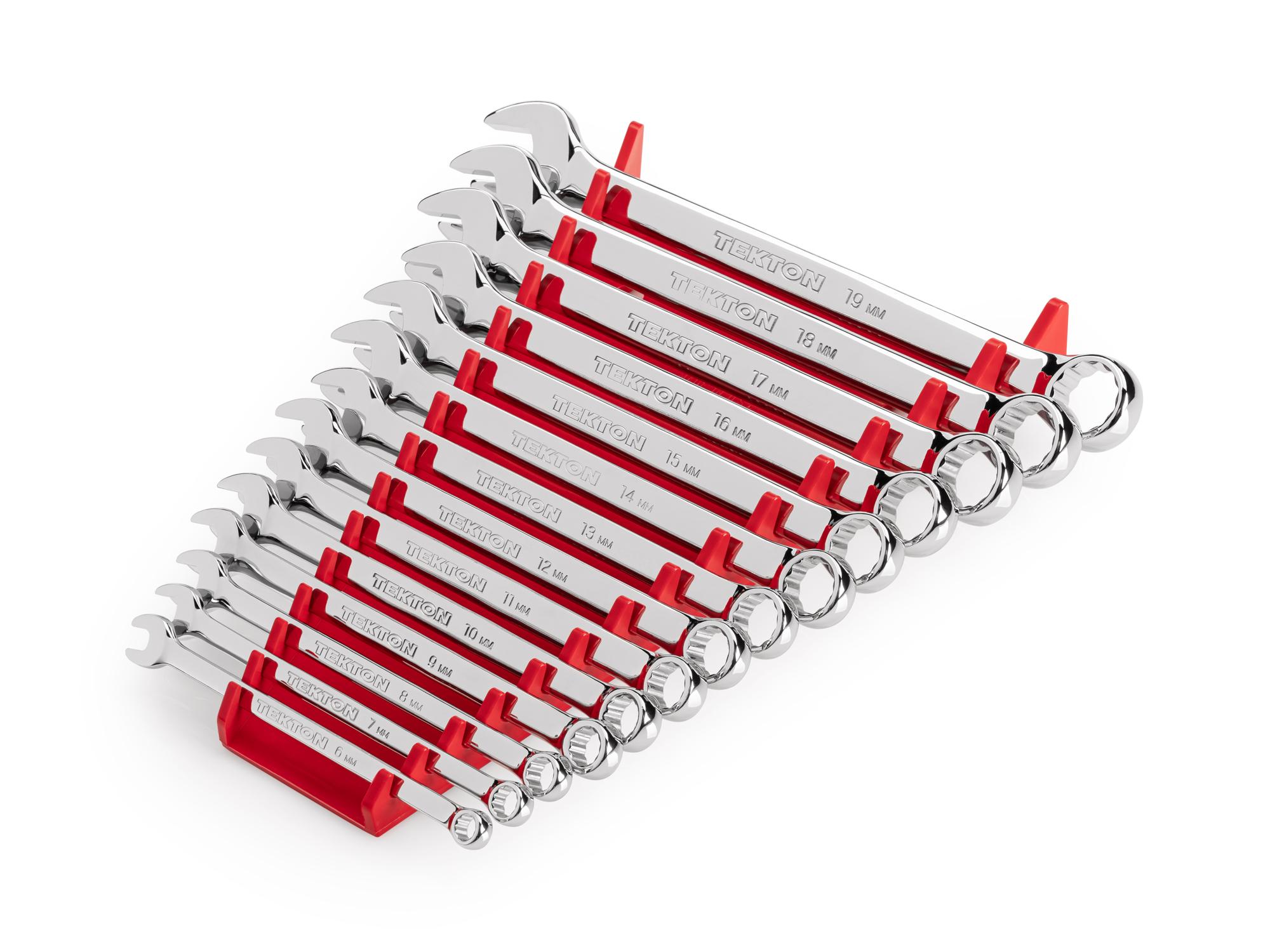 Front-right angle view of Tekton rack combination wrench set. Item #WCB91203