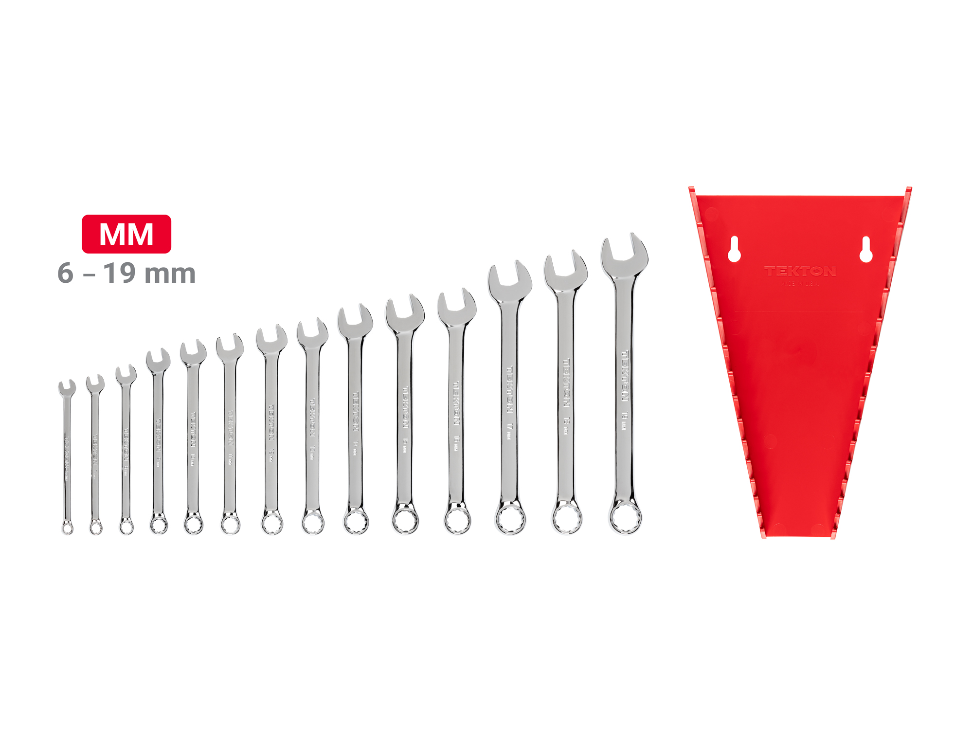 Includes: 6-19 mm (Metric) combination wrenches with no skipped sizes, plus rack organizer. #WCB91203.