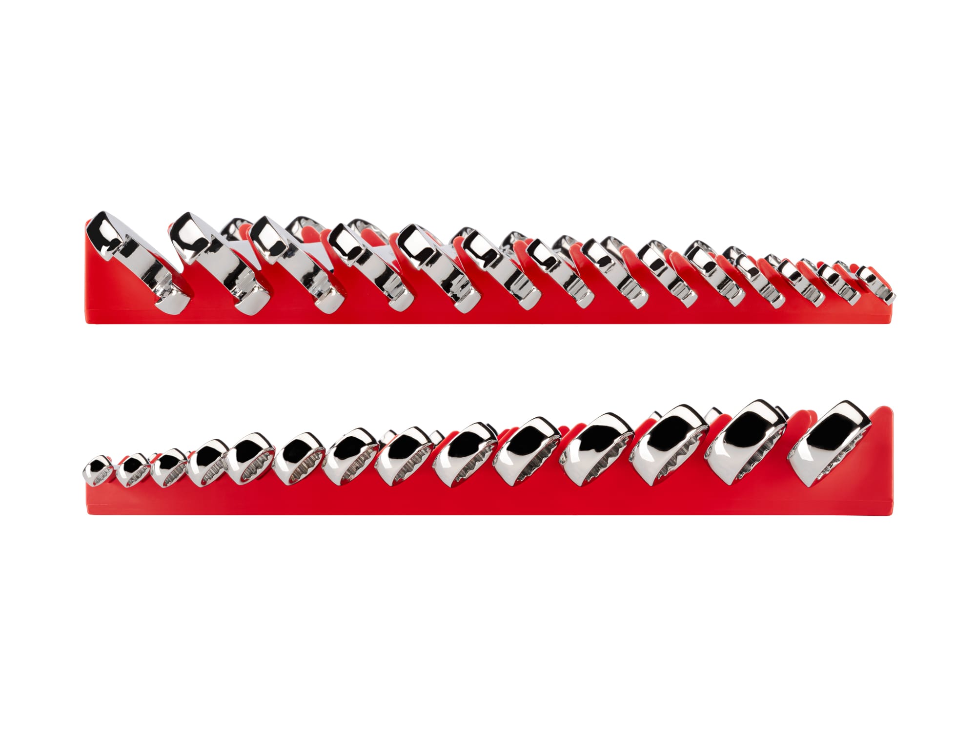 Left and right views of 14-piece metric combination wrench set in a red rack