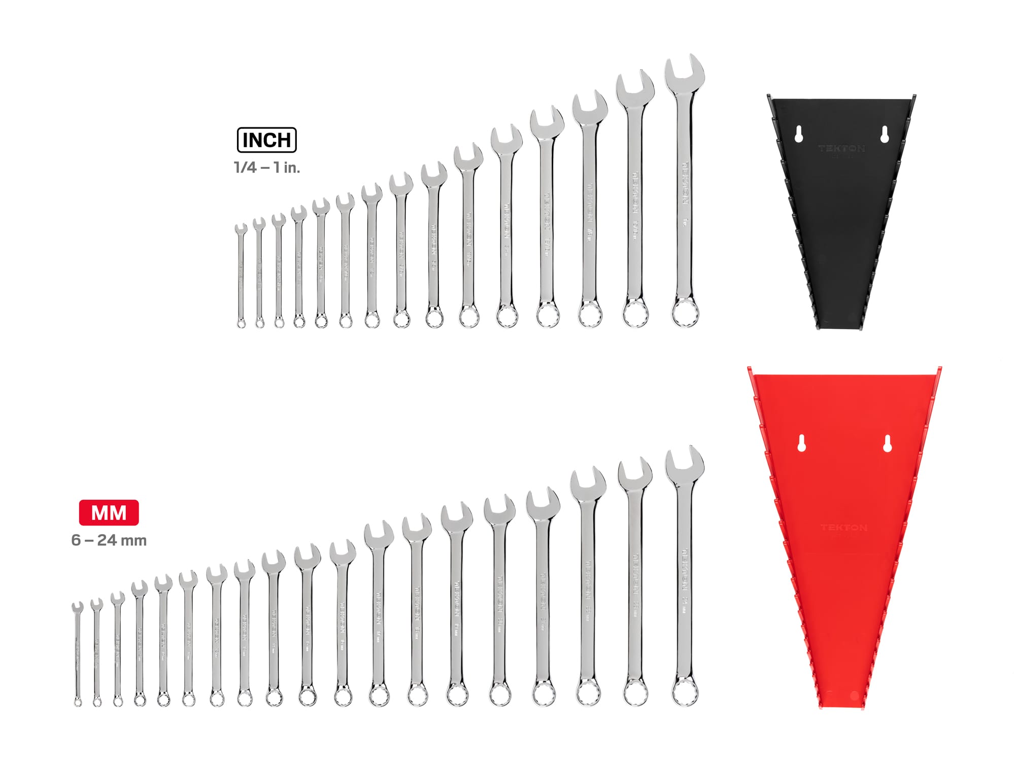 Includes: 1/4-1 inch (SAE) and 6-24 mm (Metric) 12 point standard-length combination wrenches with rack storage. No skipped sizes. WCB91301.