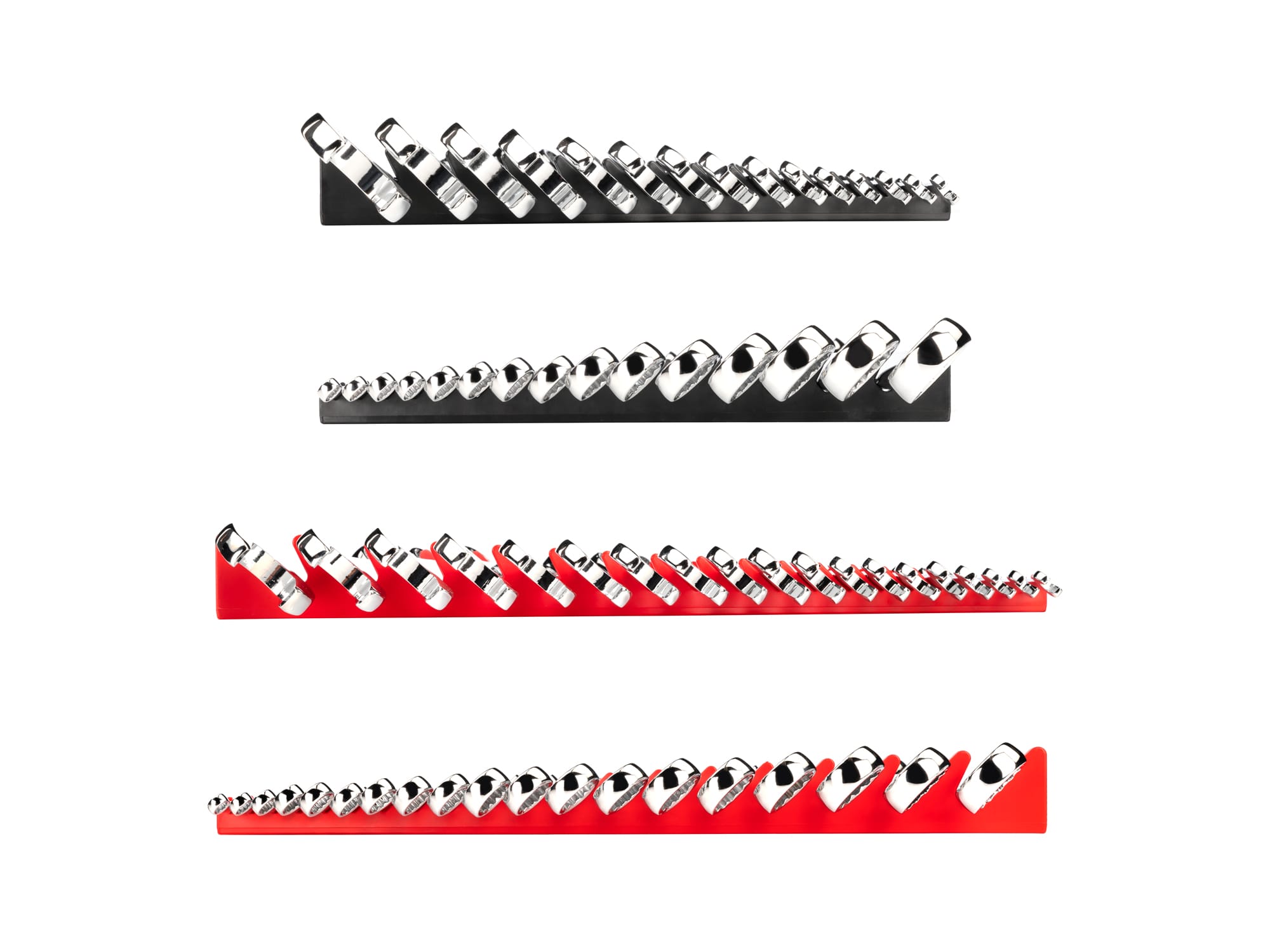 Left and right views of 34-piece inch-and-metric combination wrench set in a black rack