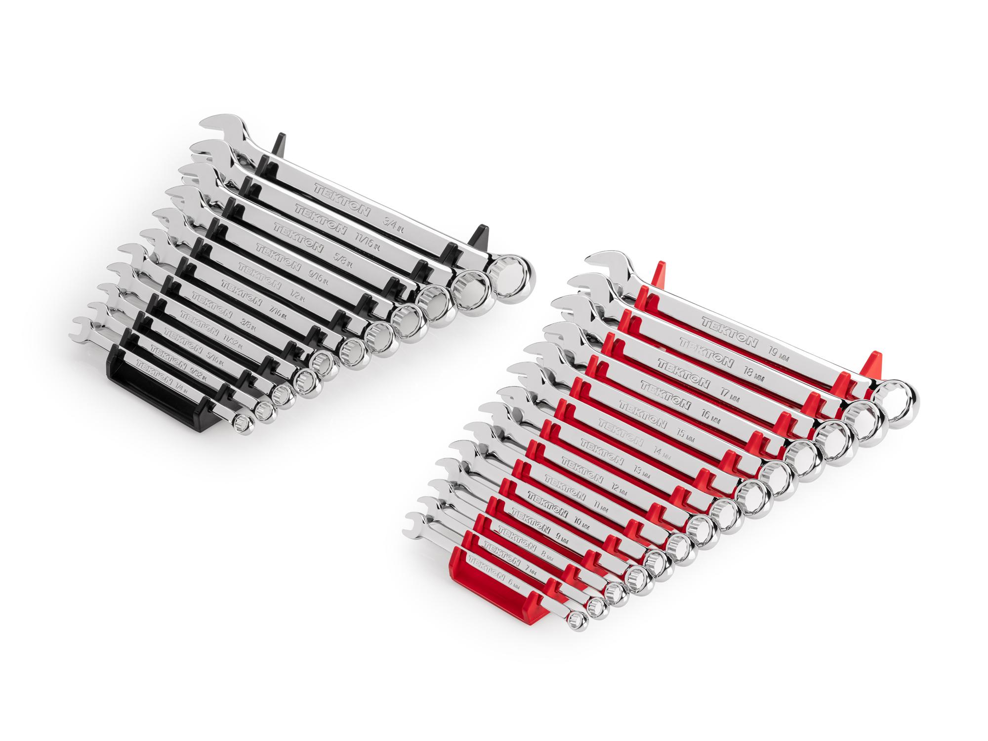 Front-right angle view of Tekton rack combination wrench set. Item #WCB91303