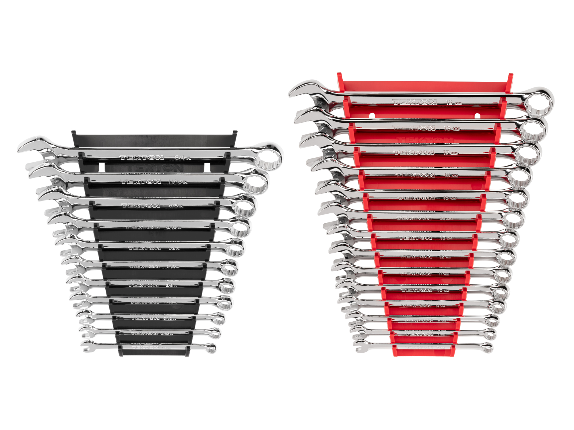 Includes: 1/4-3/4 inch (SAE) and 6-19 mm (Metric) combination wrenches with no skipped sizes, plus racks organizer. #WCB91303.