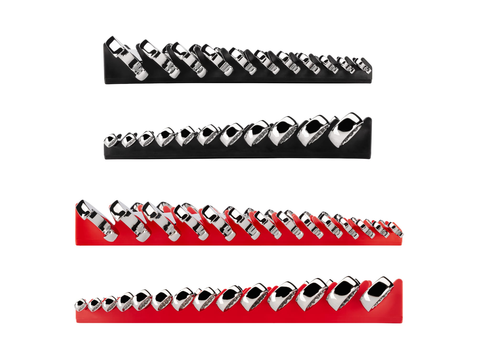 Left and right views of 25-piece inch-and-metric combination wrench set in a black rack