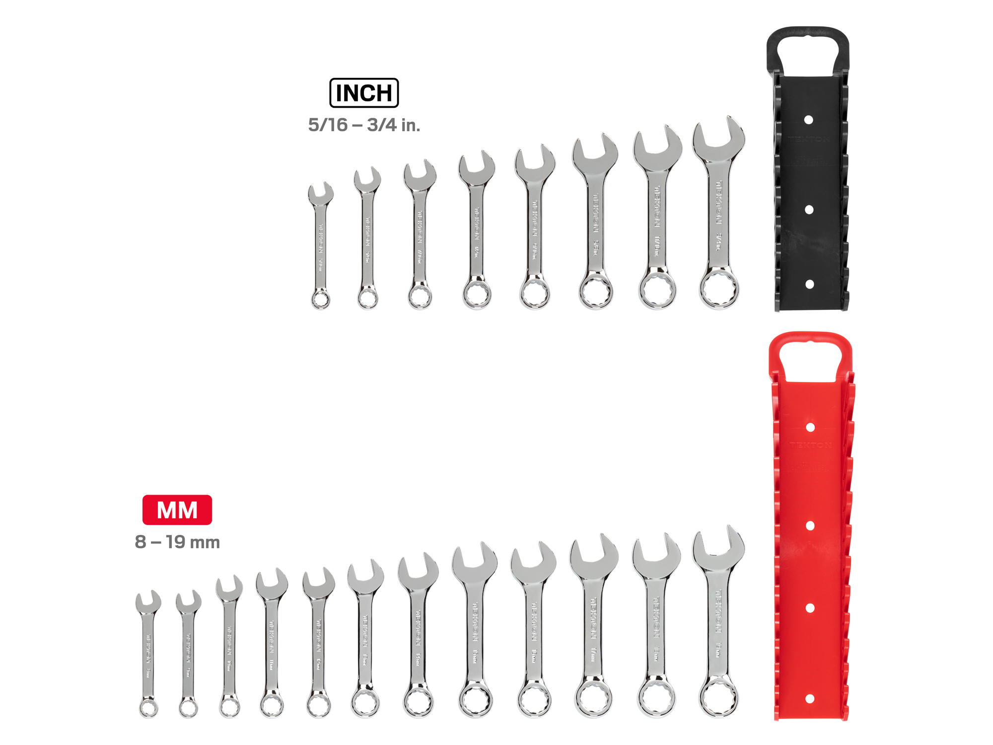 Includes: 5/16 - 3/4 inch (SAE), 8-19 mm (Metric). 12 point stubby combination wrenches. No skipped sizes. Comes with holder. WCB91601.