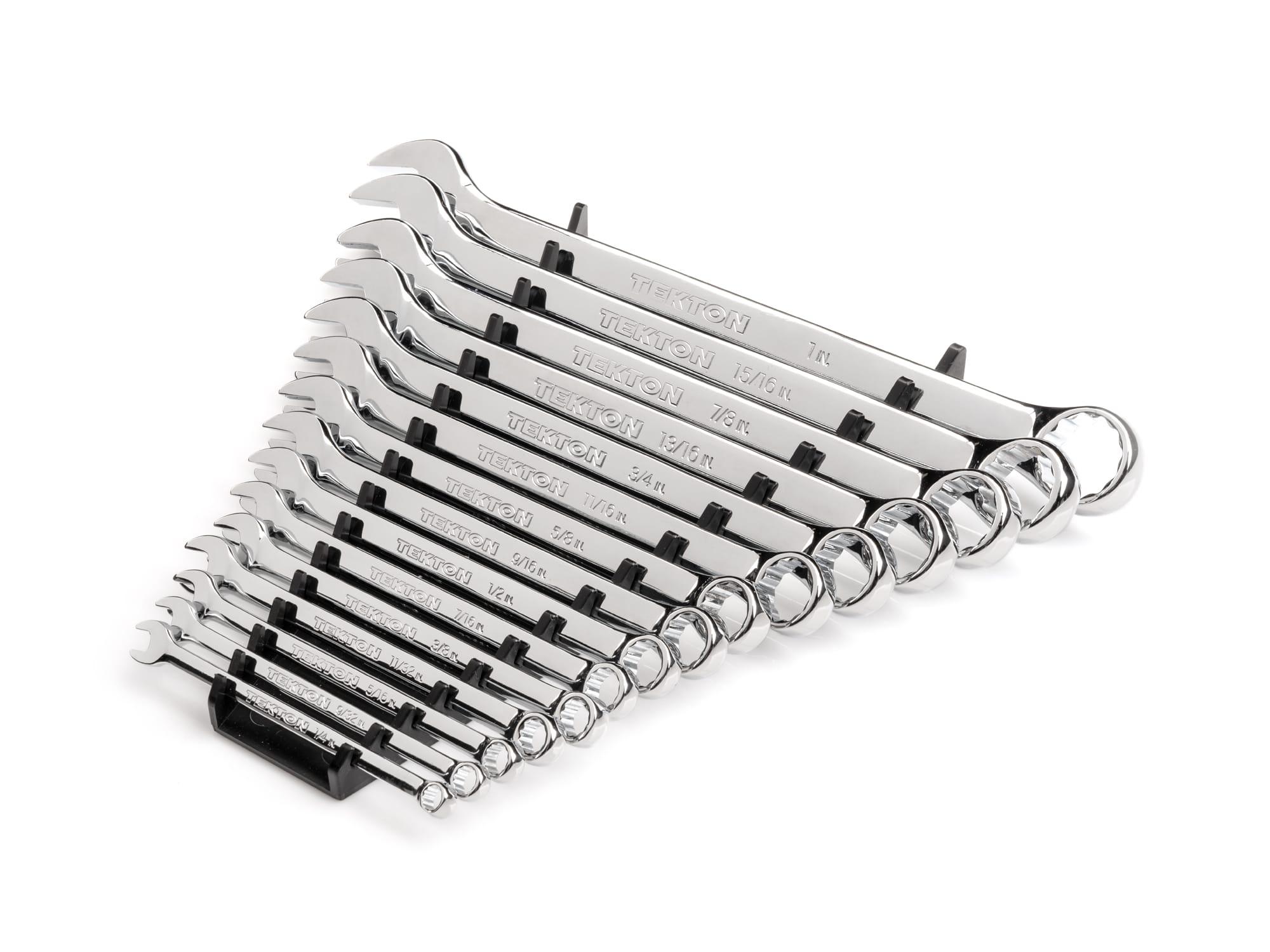 Front-right angle view of Tekton rack combination wrench set. Item #WCB92106