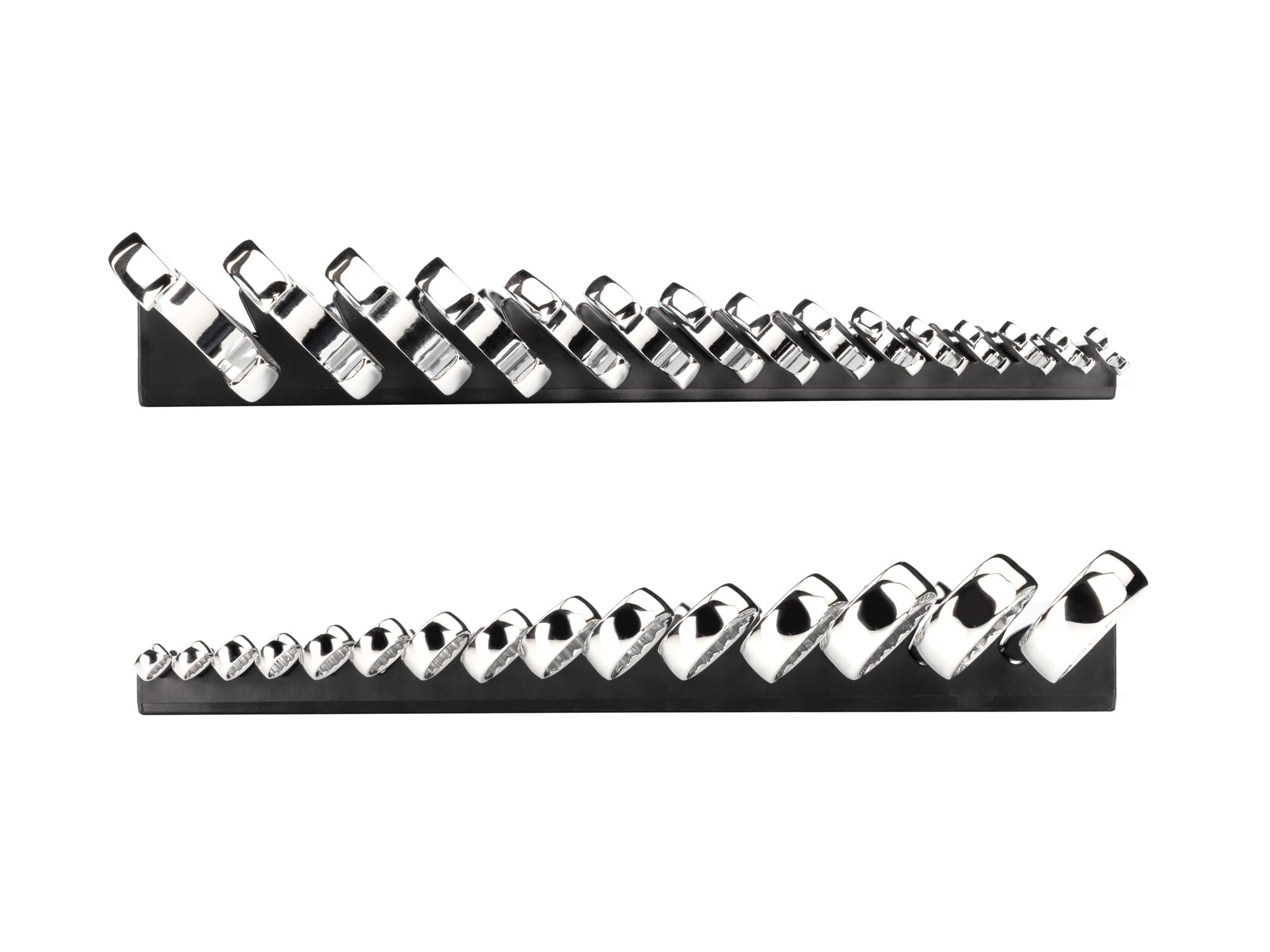 Left and right views of 15-piece inch combination wrench set in a black rack