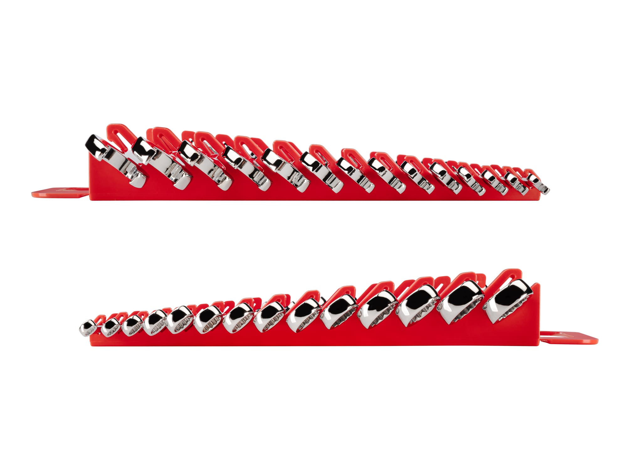 Left and right views of 14-piece metric combination wrench set in a red holder