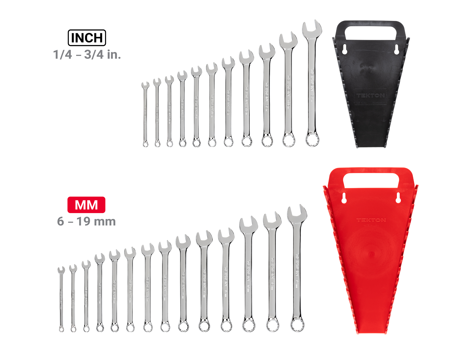 Includes: 1/4-3/4 inch (SAE) and 6-19 mm (Metric) combination wrenches with no skipped sizes, plus holders organizer. #WCB92301.