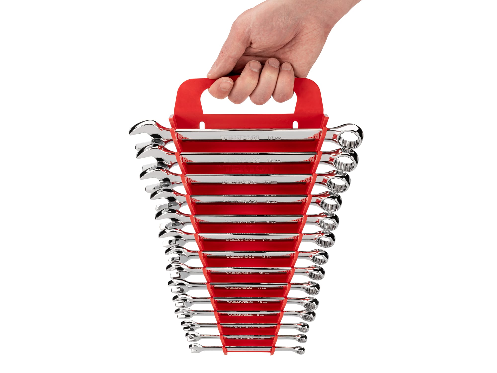 Person Holding 14-piece metric combination wrench set in a red holder