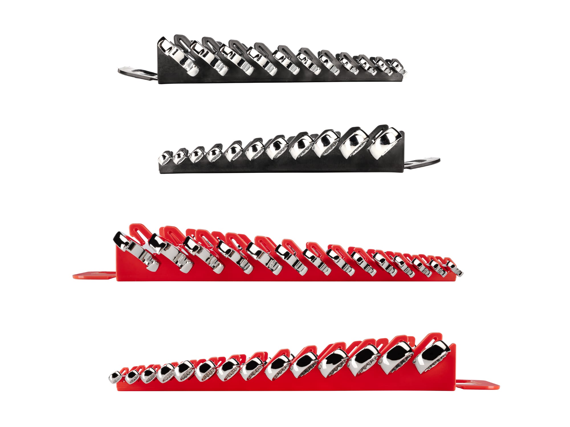 Left and right views of 25-piece inch-and-metric combination wrench set in a black holder