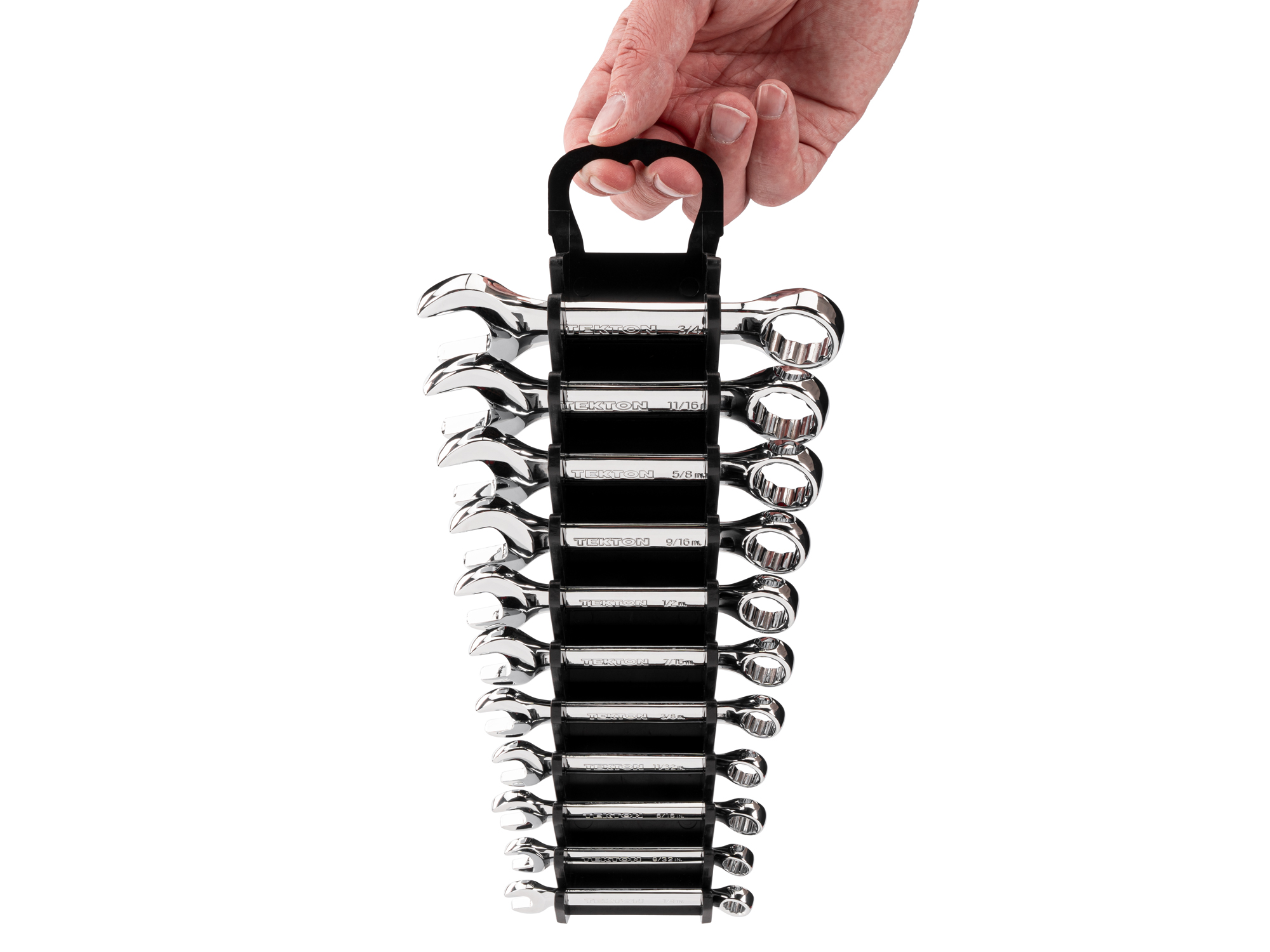 Person Holding 11-piece inch combination wrench set in a black holder