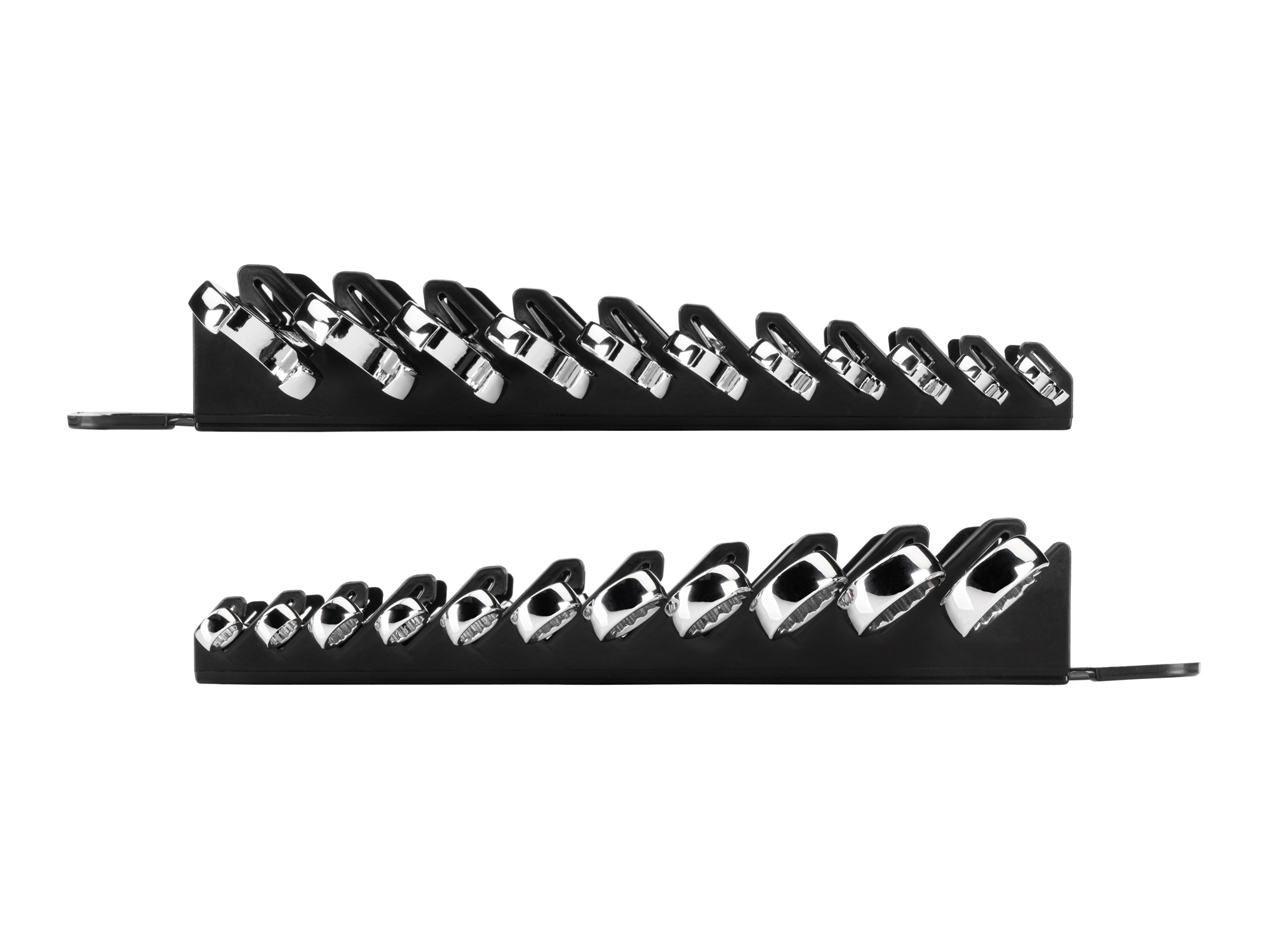 Left and right views of 11-piece inch combination wrench set in a black holder