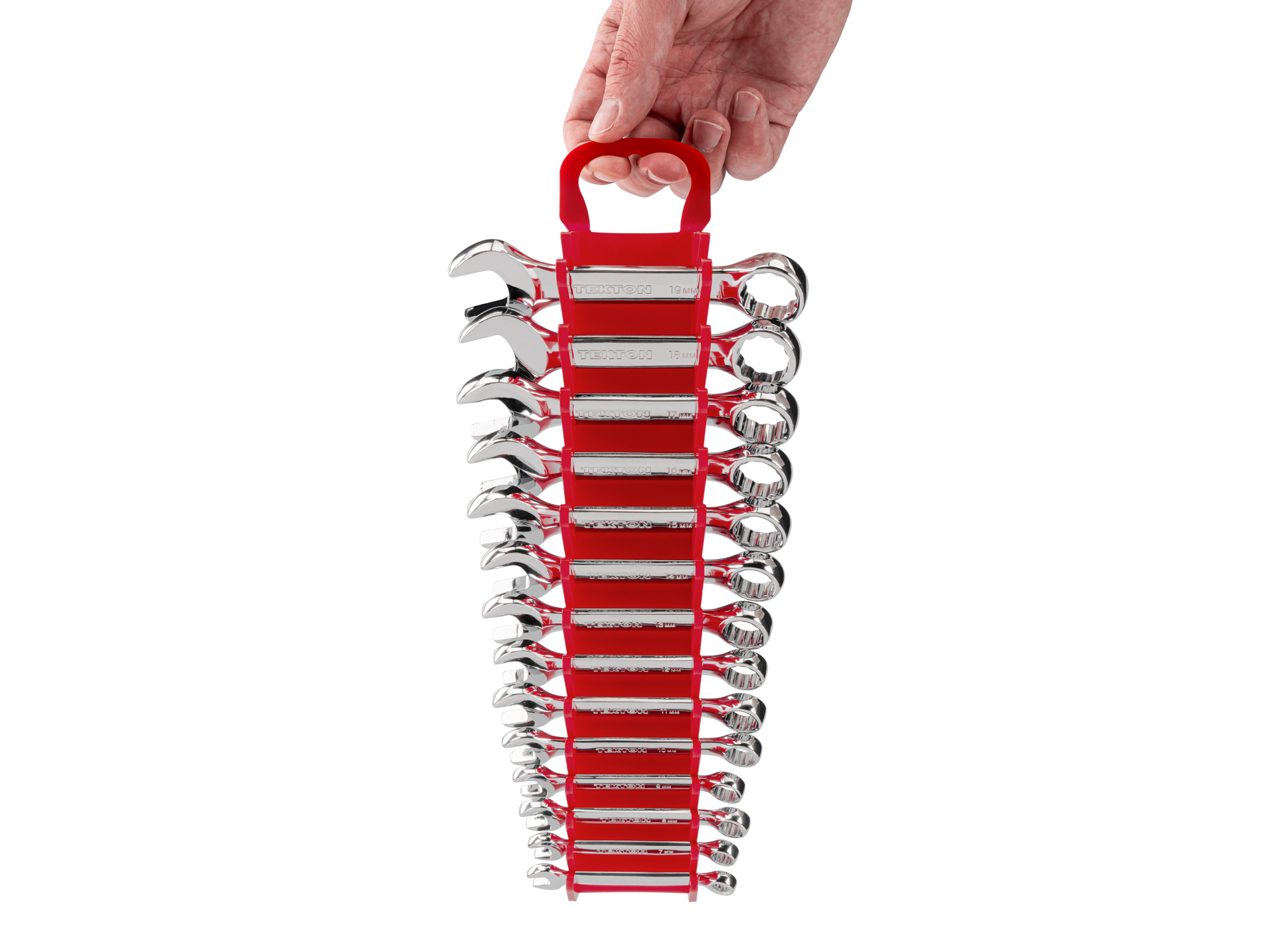 Person Holding 14-piece metric combination wrench set in a red holder