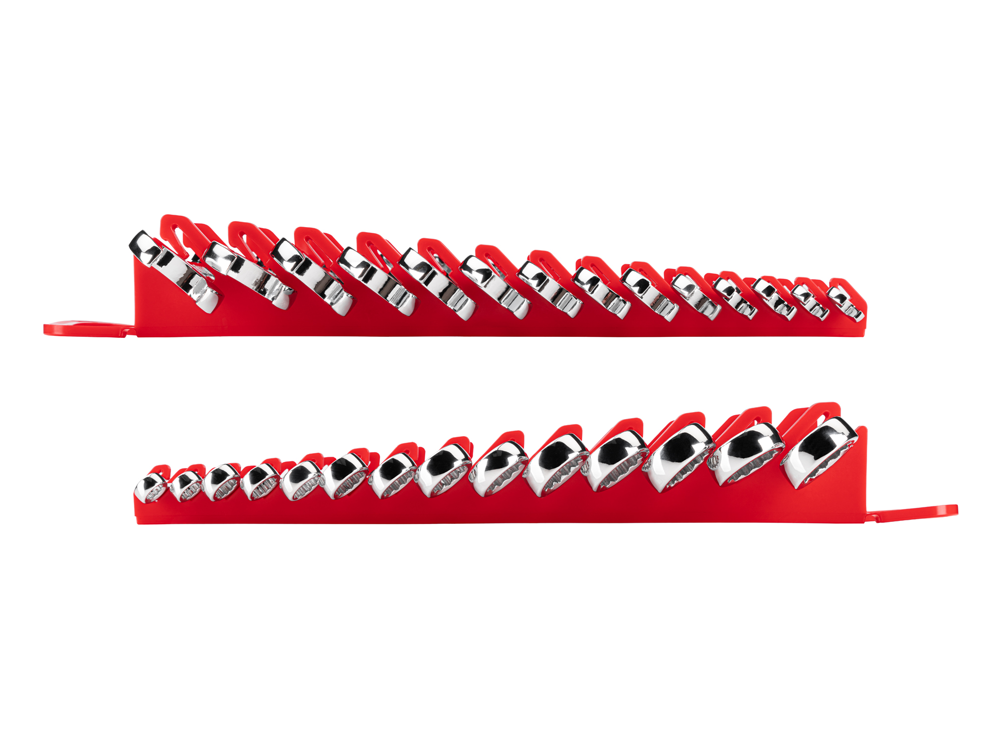 Left and right views of 14-piece metric combination wrench set in a red holder