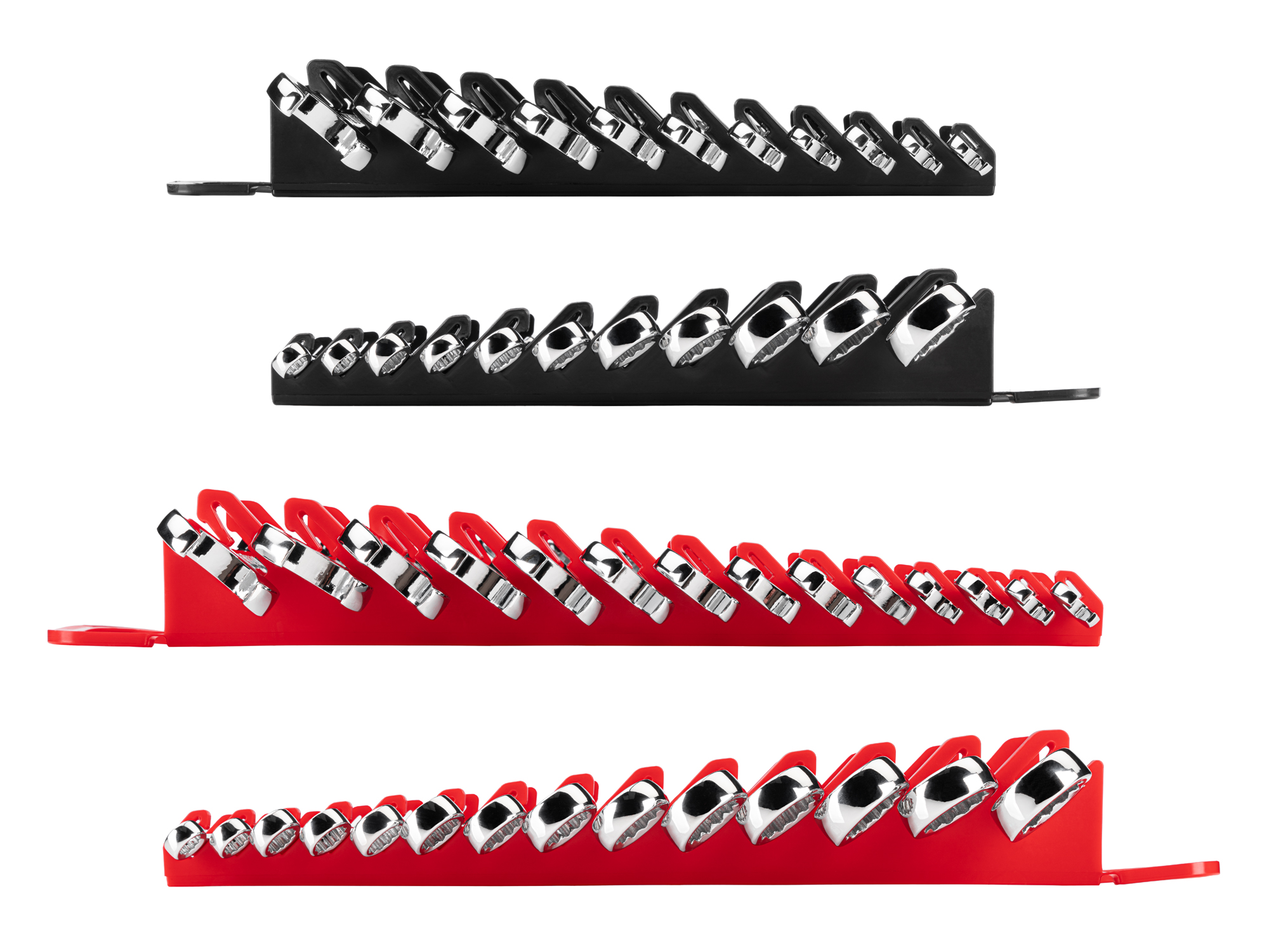 Left and right views of 25-piece inch-and-metric combination wrench set in a black holder