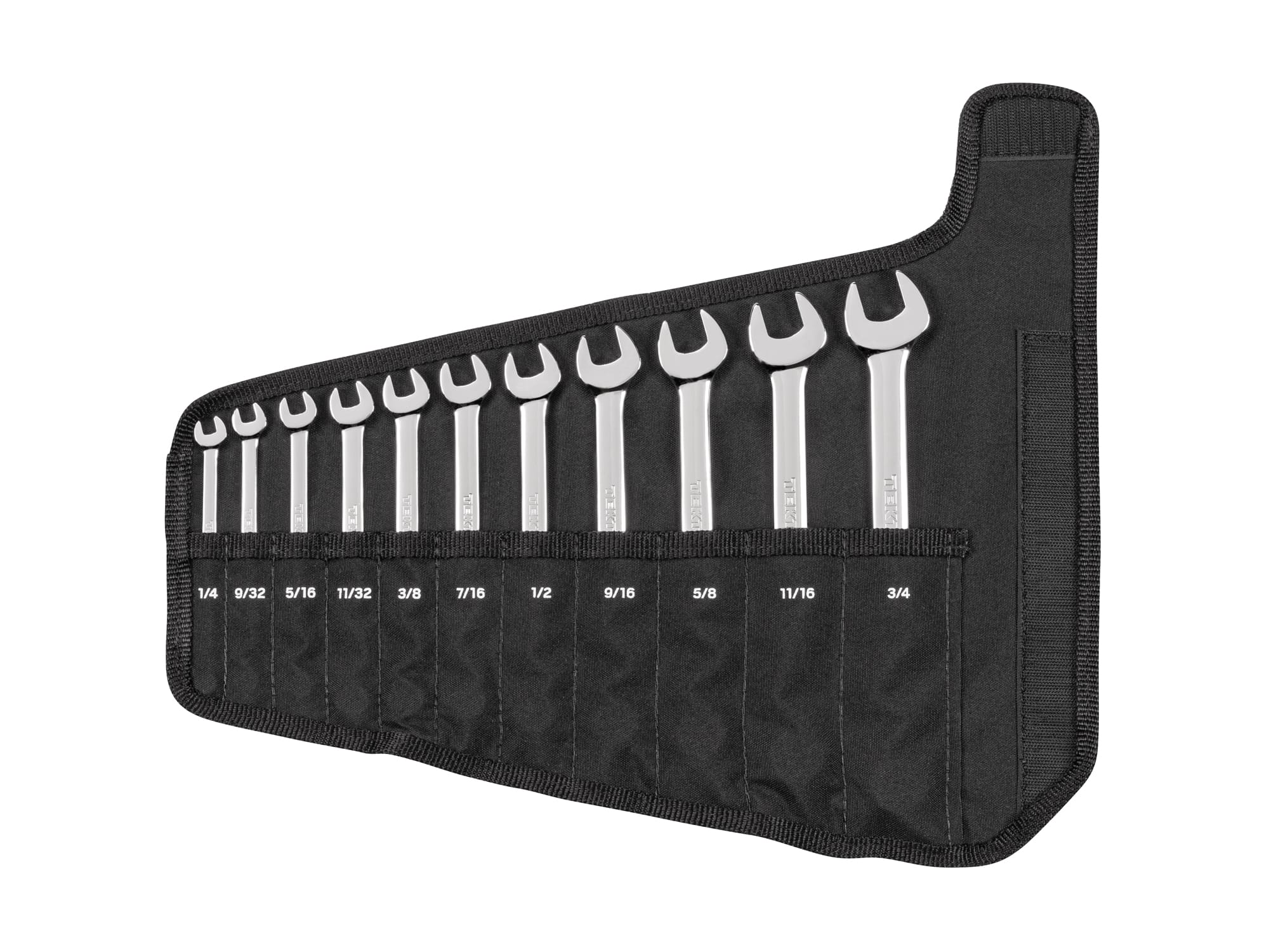 Front view of  11-piece inch combination wrench set in a black pouch