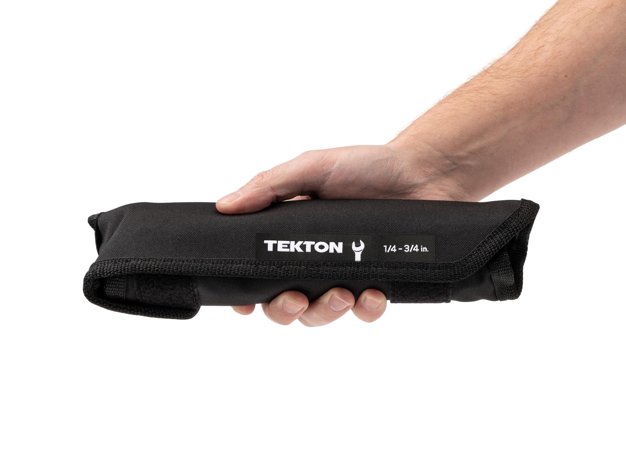 Person holding Tekton roll combination wrench set. Item #WCB94101