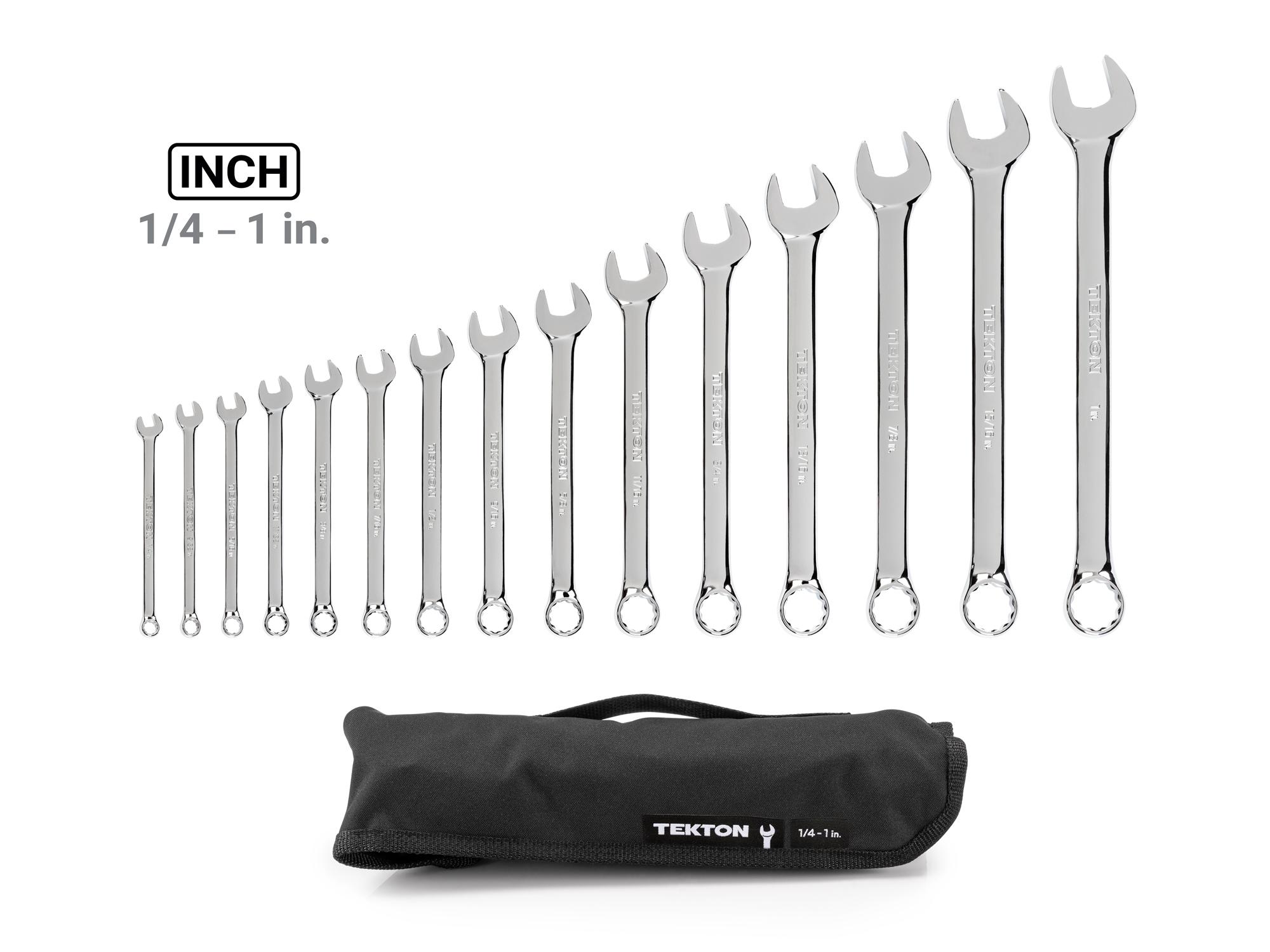 Laid out contents of Tekton roll combination wrench set. Item #WCB94102