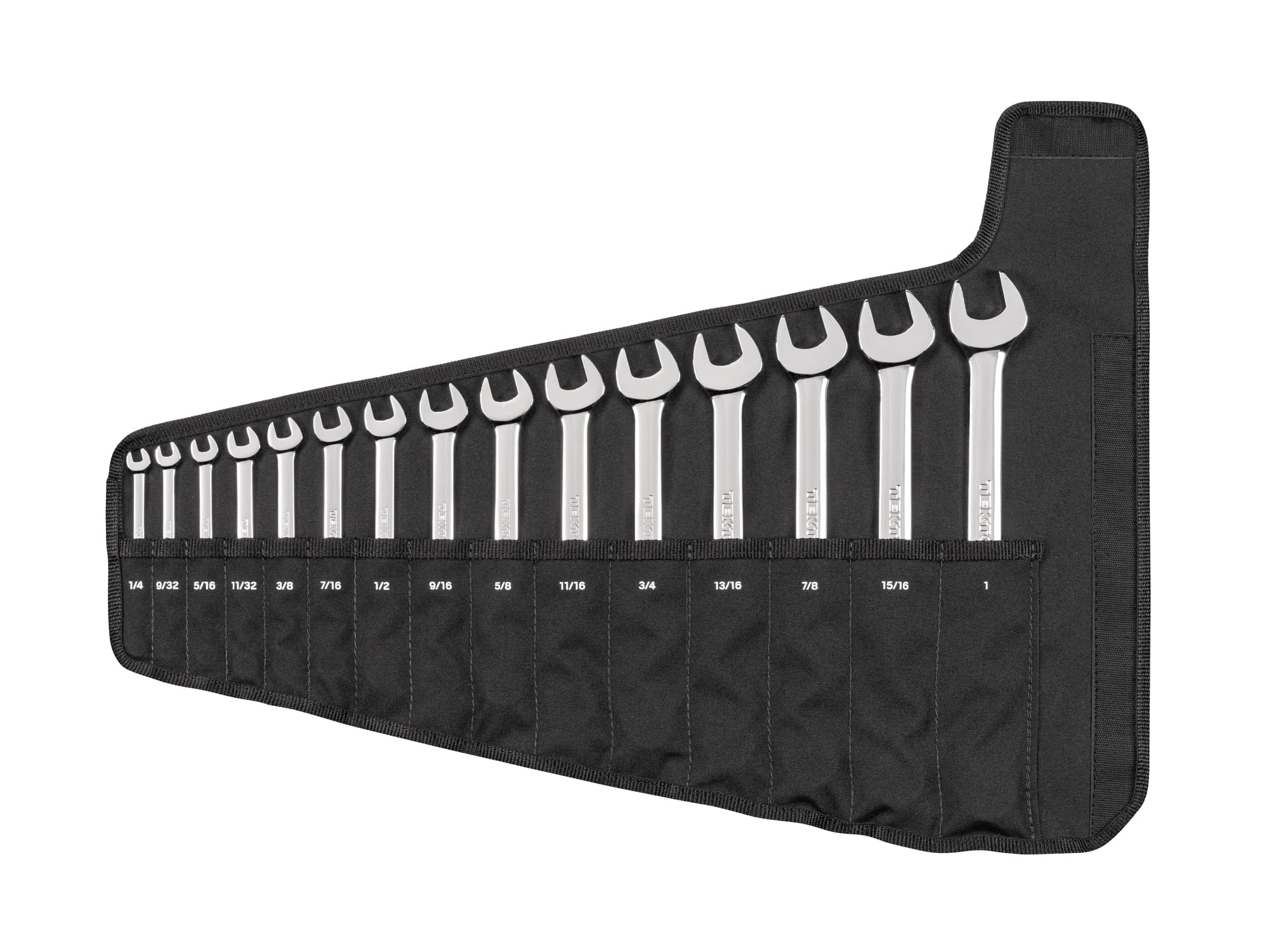 Front view of  15-piece inch combination wrench set in a black pouch