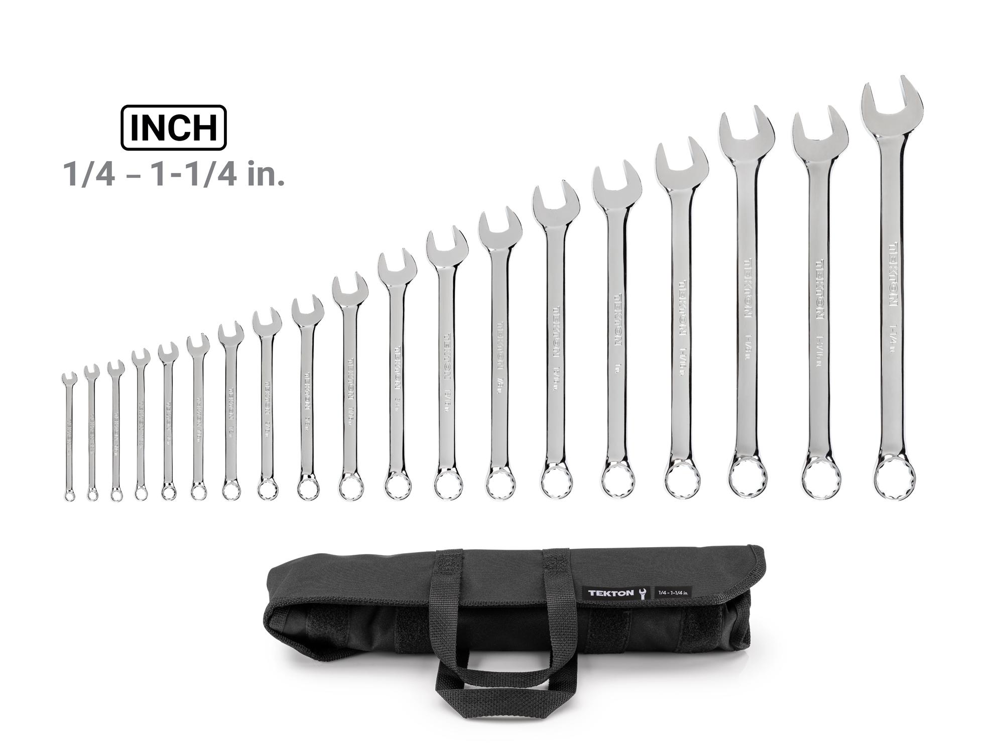 Laid out contents of Tekton roll combination wrench set. Item #WCB94103