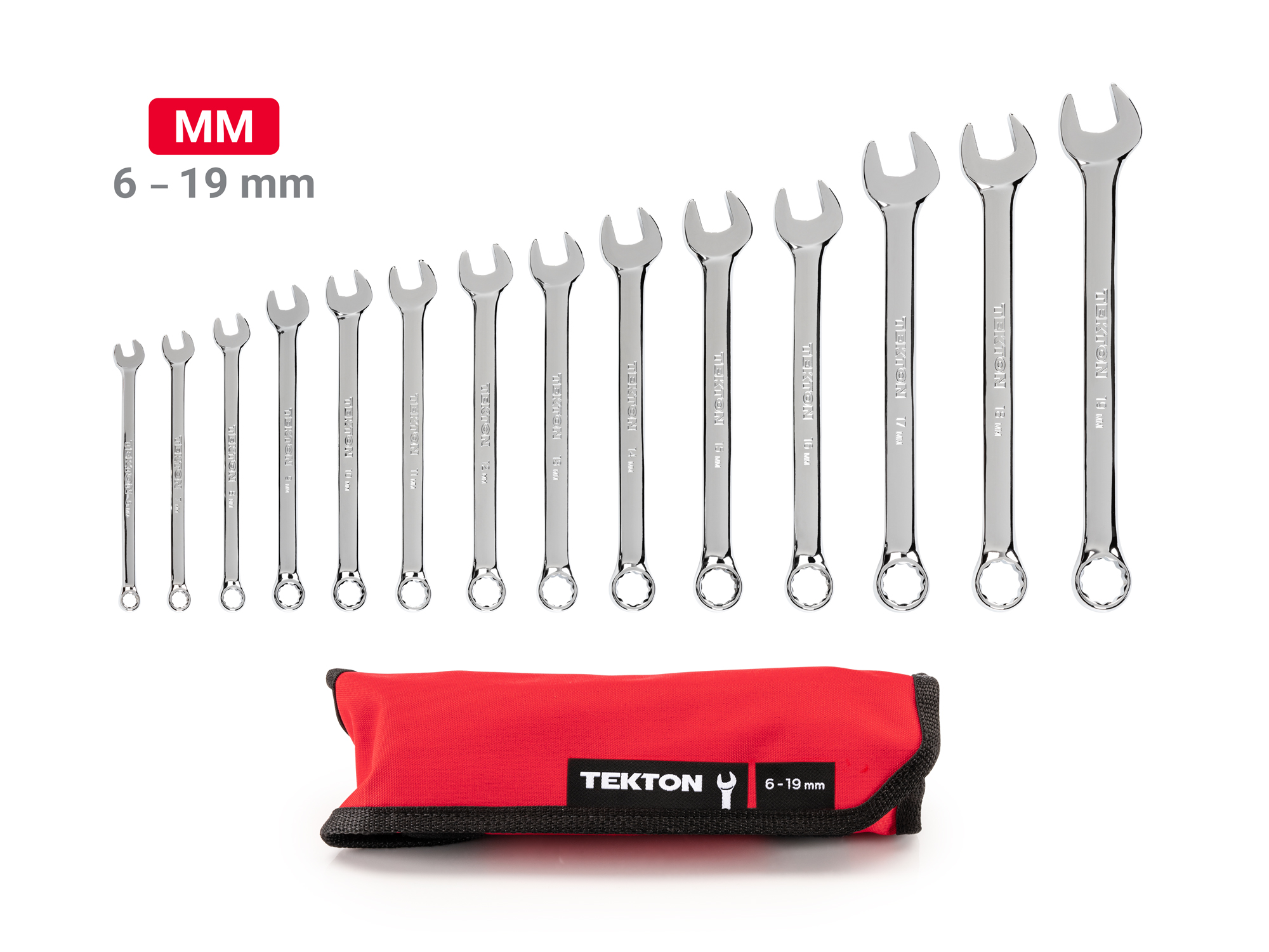 Includes: 6-19 mm (Metric) combination wrenches with no skipped sizes, plus pouch organizer. #WCB94201.