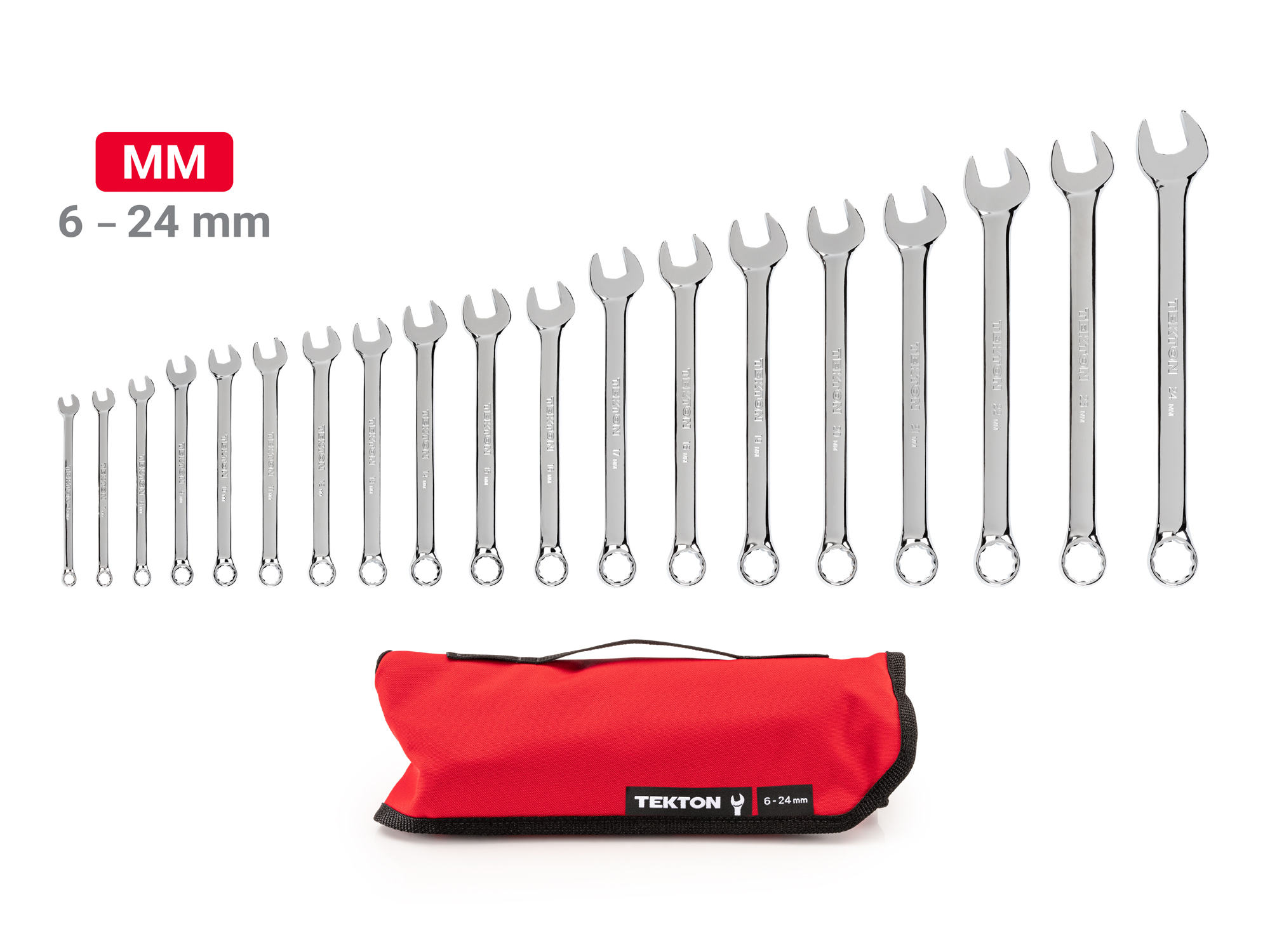 Includes: 6-24 mm (Metric) combination wrenches with no skipped sizes, plus pouch organizer. #WCB94202.