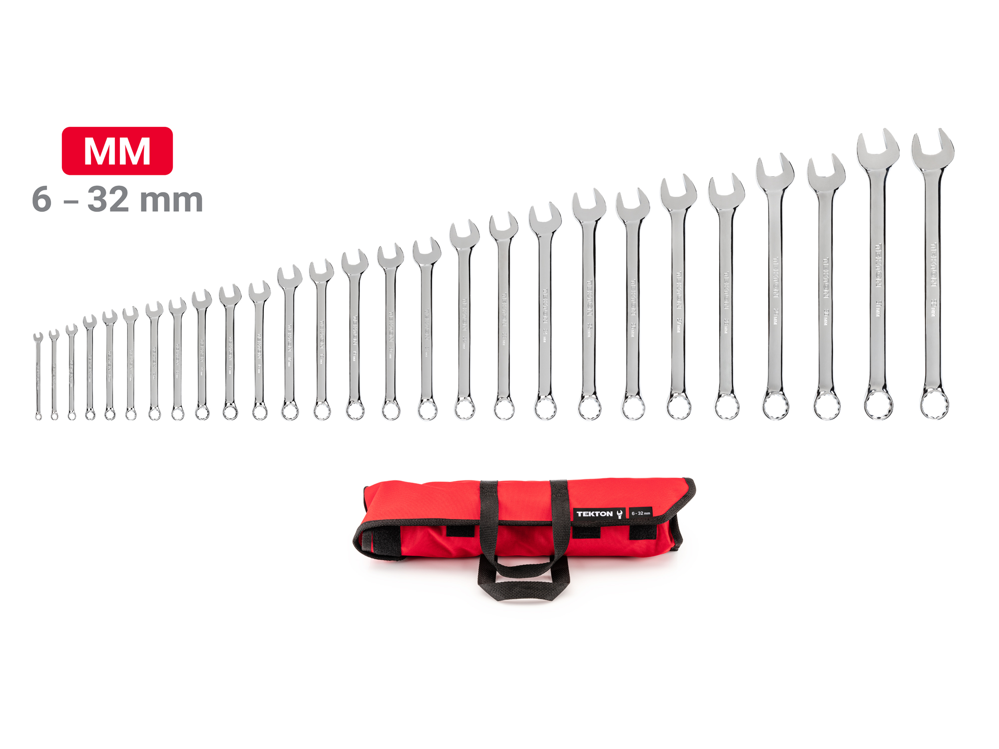 Includes: 6-32 mm (Metric) combination wrenches with no skipped sizes, plus pouch organizer. #WCB94203.