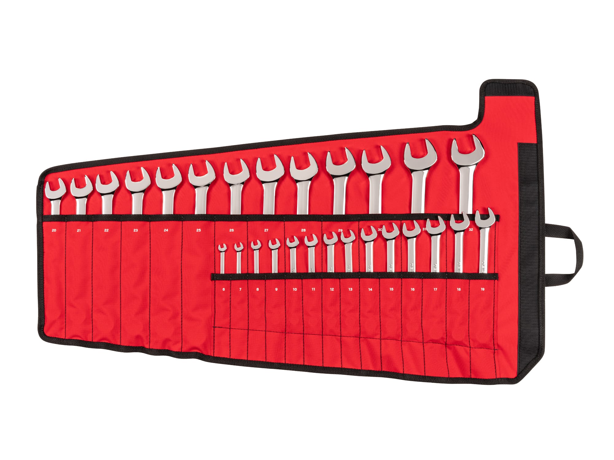 Front view of  27-piece metric combination wrench set in a red pouch