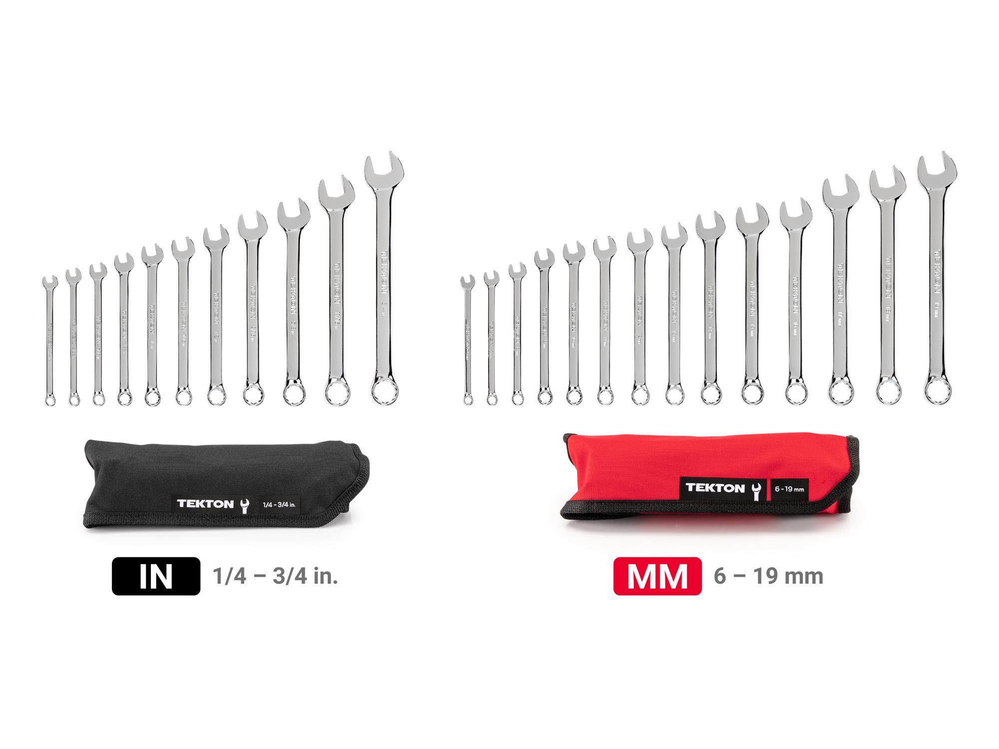 Laid out contents of Tekton roll combination wrench set. Item #WCB94301