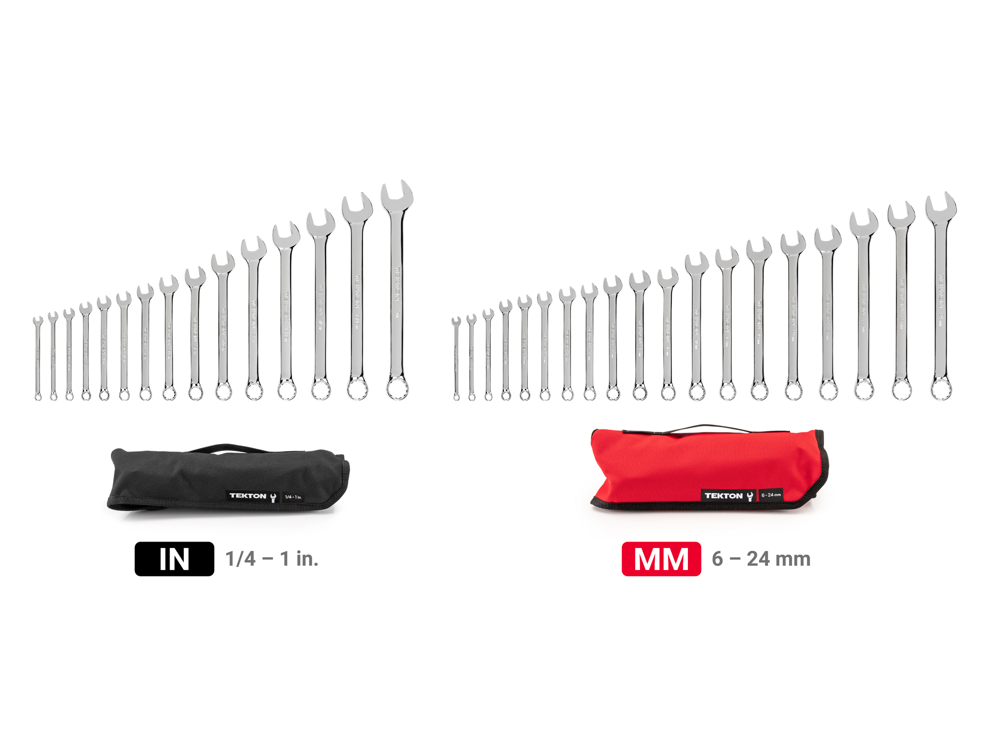 Includes: 1/4-1 inch (SAE) and 6-24 mm (Metric) combination wrenches with no skipped sizes, plus pouches organizer. #WCB94302.