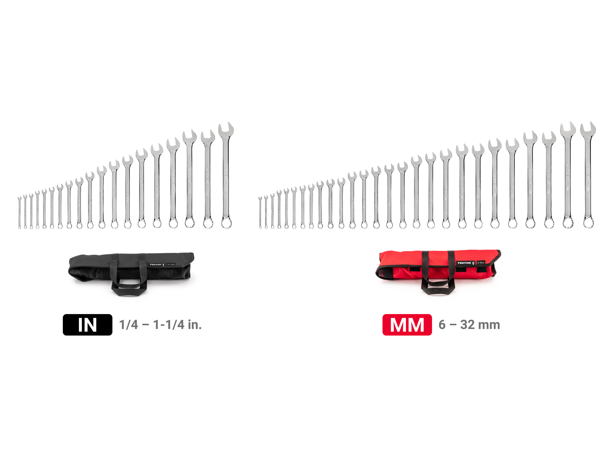 Includes: 1/4 - 1-1/4 inch (SAE) and 6-32 mm (Metric) combination wrenches with no skipped sizes, plus pouches organizer. #WCB94303.