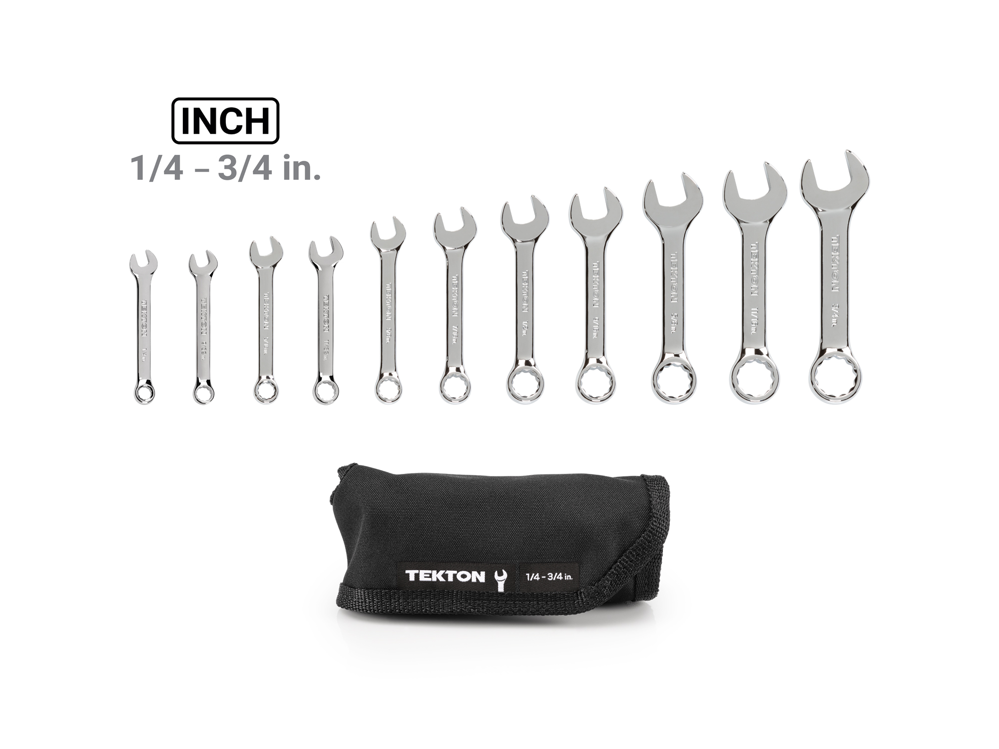 Includes: 1/4-3/4 inch (SAE) stubby combination wrenches. No skipped sizes. Comes with roll-up pouch. WCB94401.