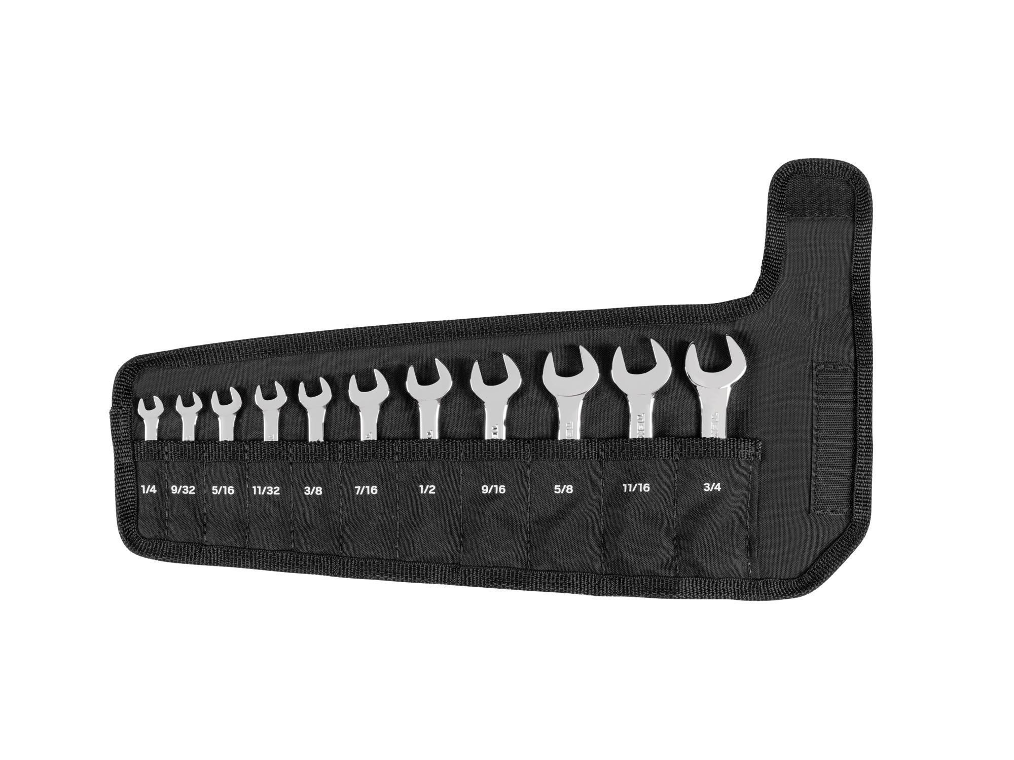 Front view of Tekton roll combination wrench set. Item #WCB94401