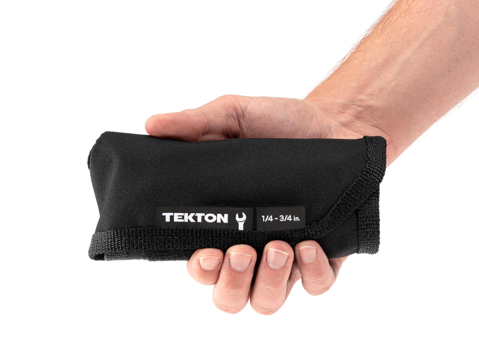 Person holding Tekton roll combination wrench set. Item #WCB94401