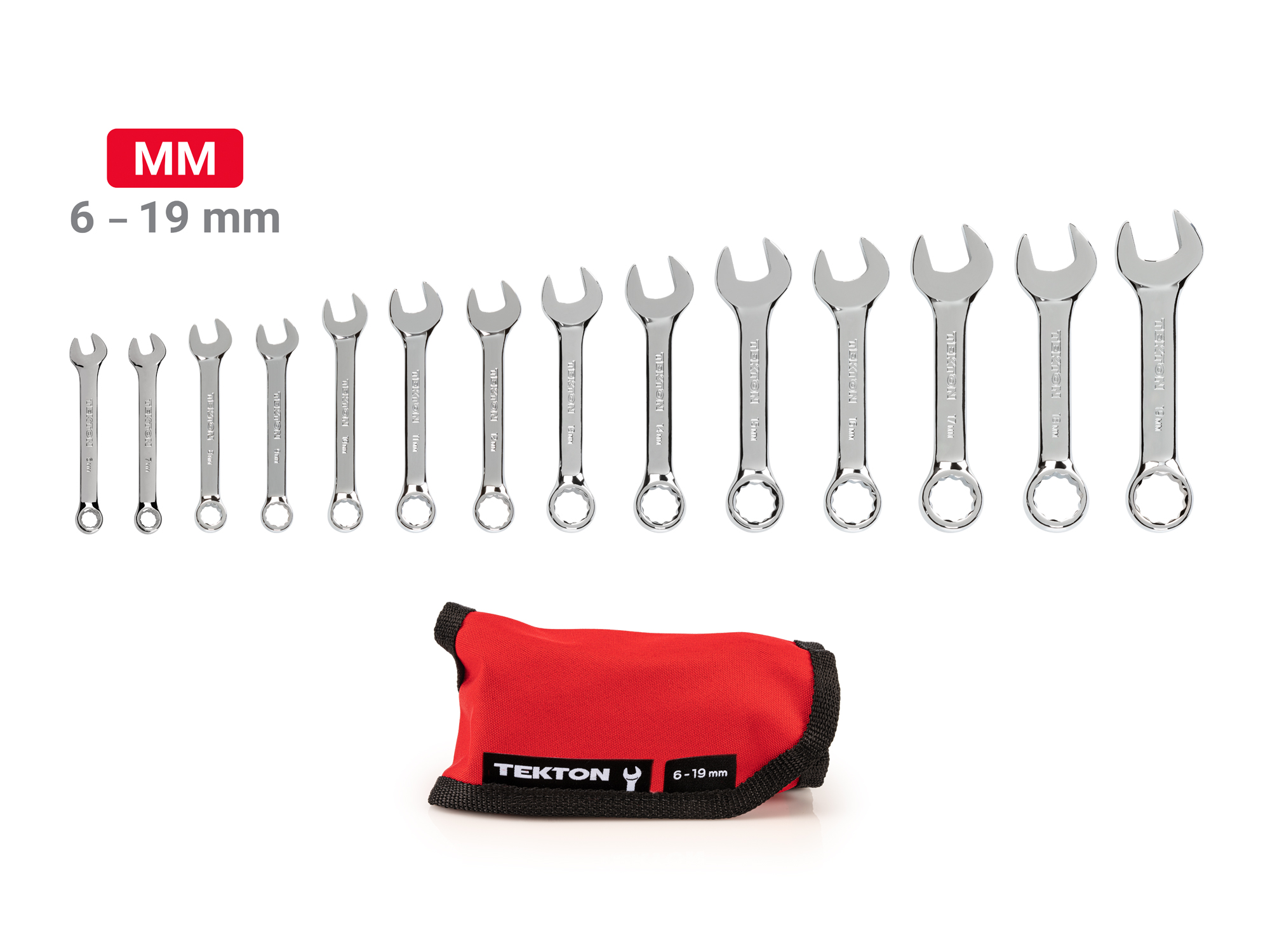 Includes: 6-19 mm (metric) stubby combination wrenches. No skipped sizes. Comes with roll-up pouch. WCB94402.