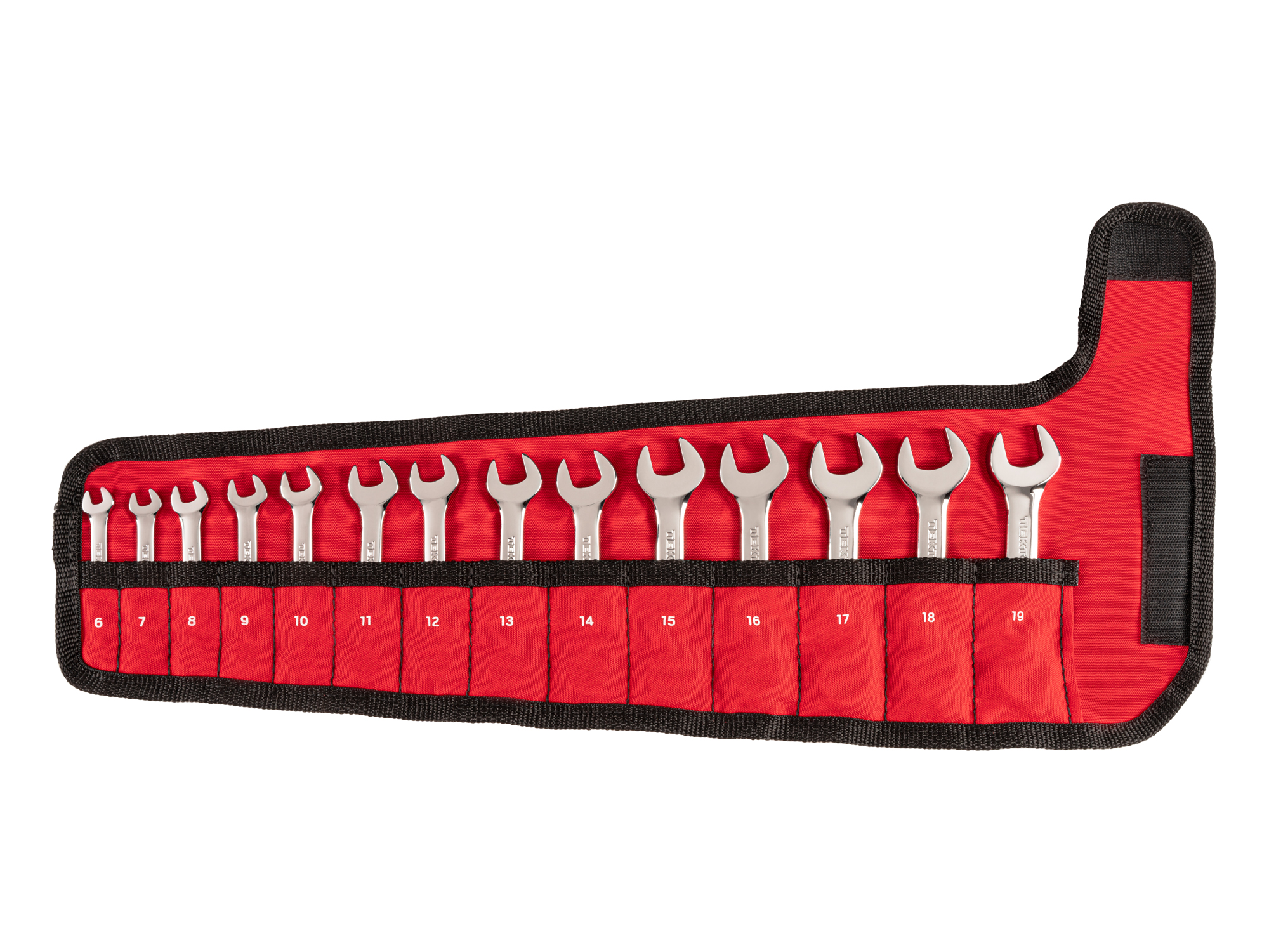 Front view of  14-piece metric combination wrench set in a red pouch