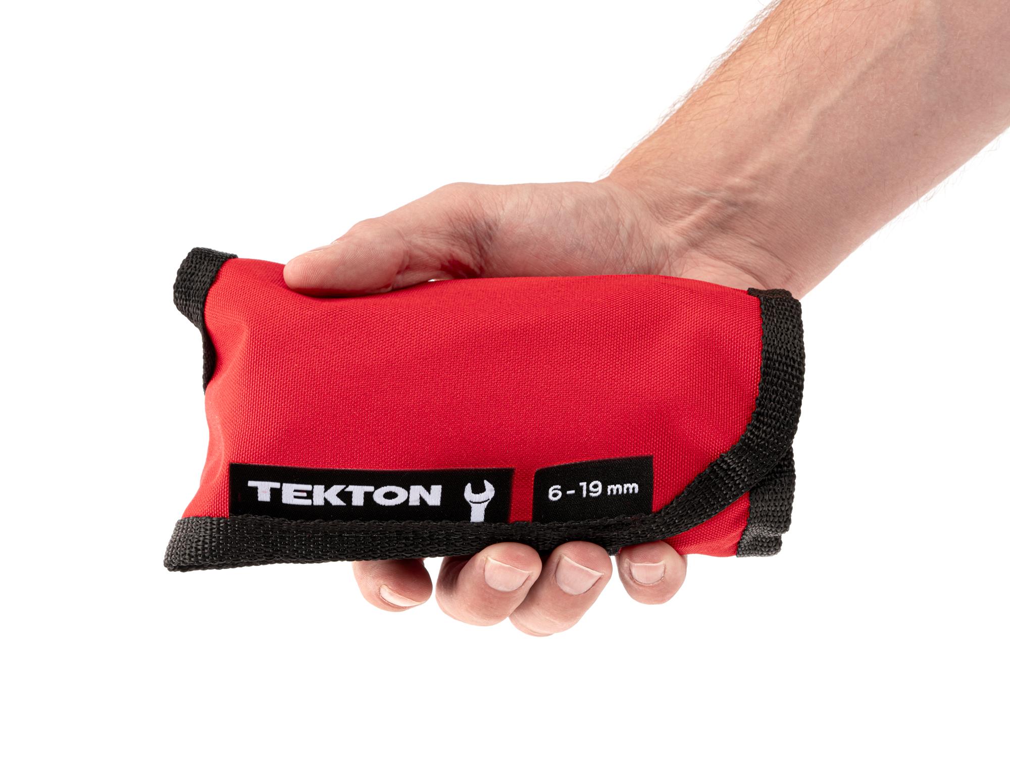 Person holding Tekton roll combination wrench set. Item #WCB94402