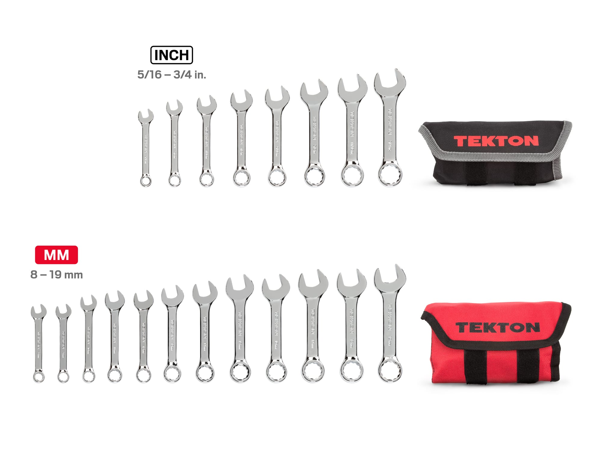 Includes: 5/16 - 3/4 inch (SAE), 8-19 mm (Metric). 12 point stubby combination wrenches. No skipped sizes. Comes with pouch. WCB94601.
