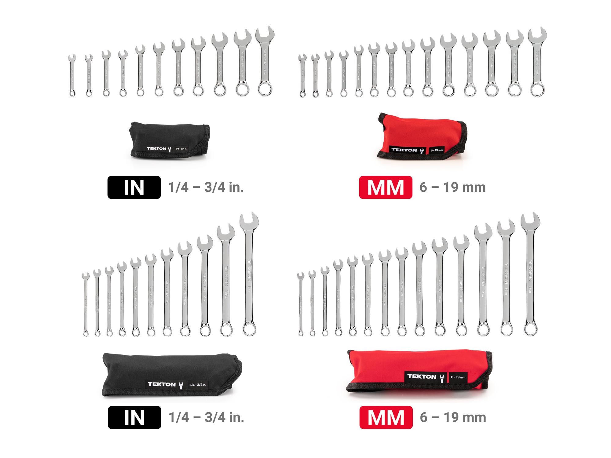 Laid out contents of Tekton roll combination wrench set. Item #WCB94902