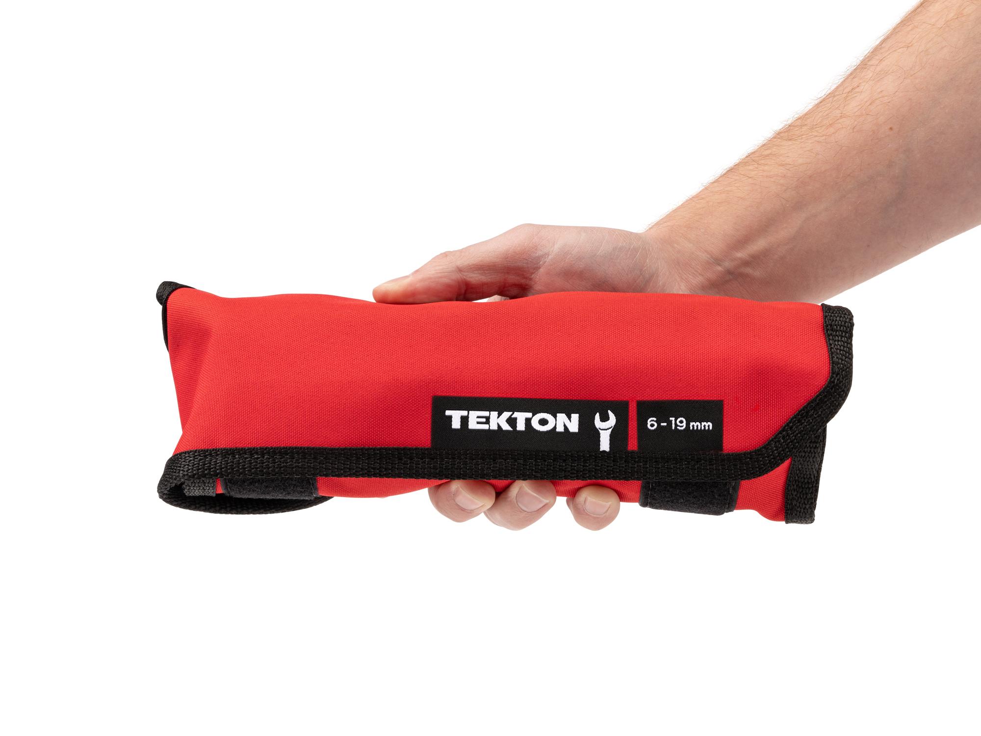 Person holding Tekton roll combination wrench set. Item #WCB94902