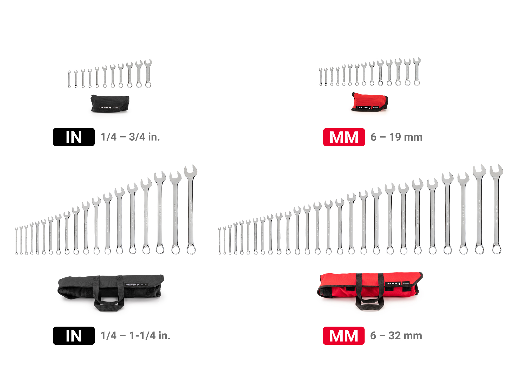 Includes: 1/4-3/4 inch (SAE), 6-19 mm (metric) stubby length and 1/4 - 1-1/4 inch (SAE), 6-32 mm (metric) standard length combination wrenches with pouch storage. No skipped sizes.