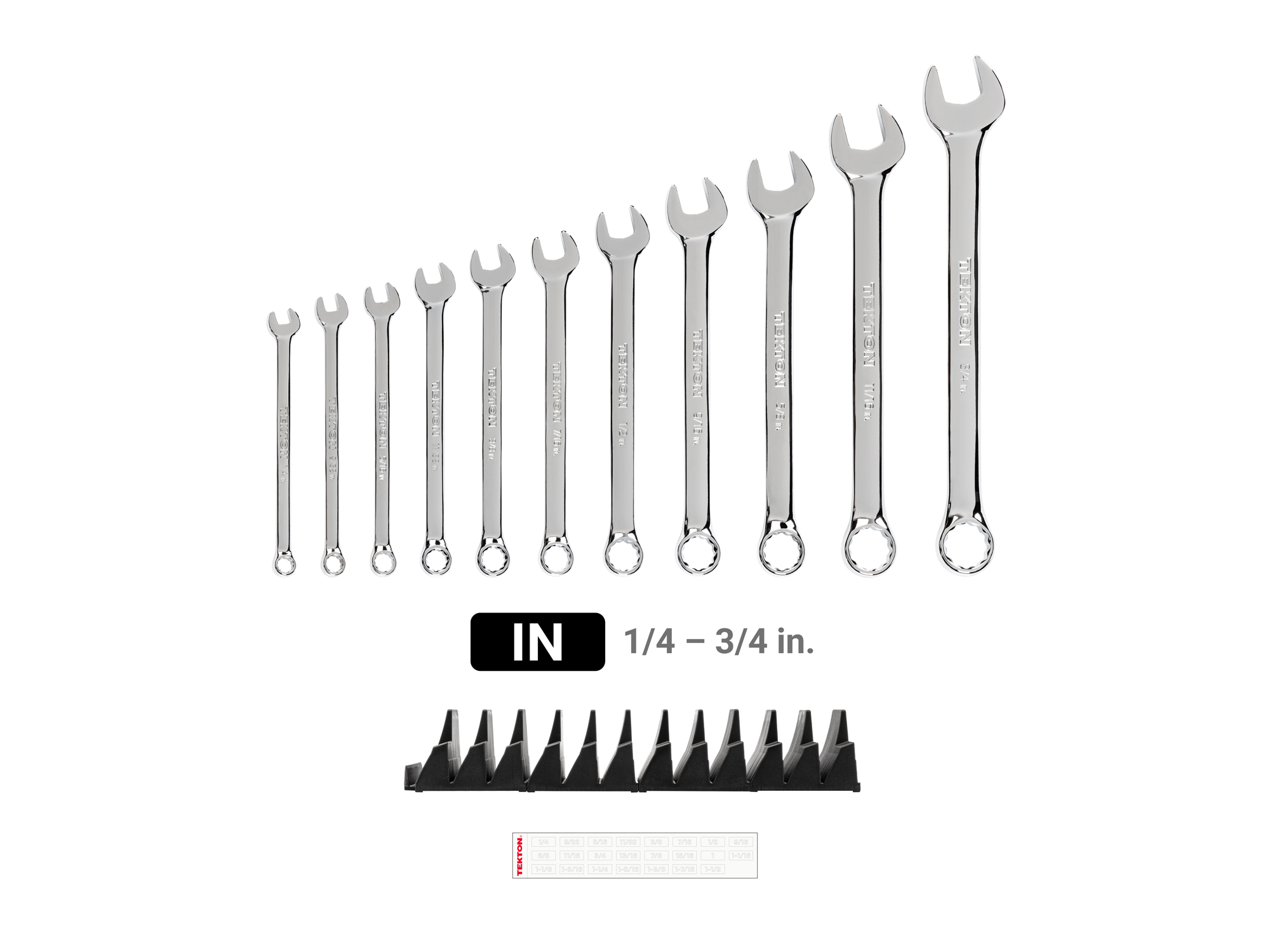 Includes: 1/4-3/4 inch (SAE) combination wrenches with no skipped sizes. Set comes with USA-made modular wrench organizers ideal for tool cabinet drawers. WCB95101.