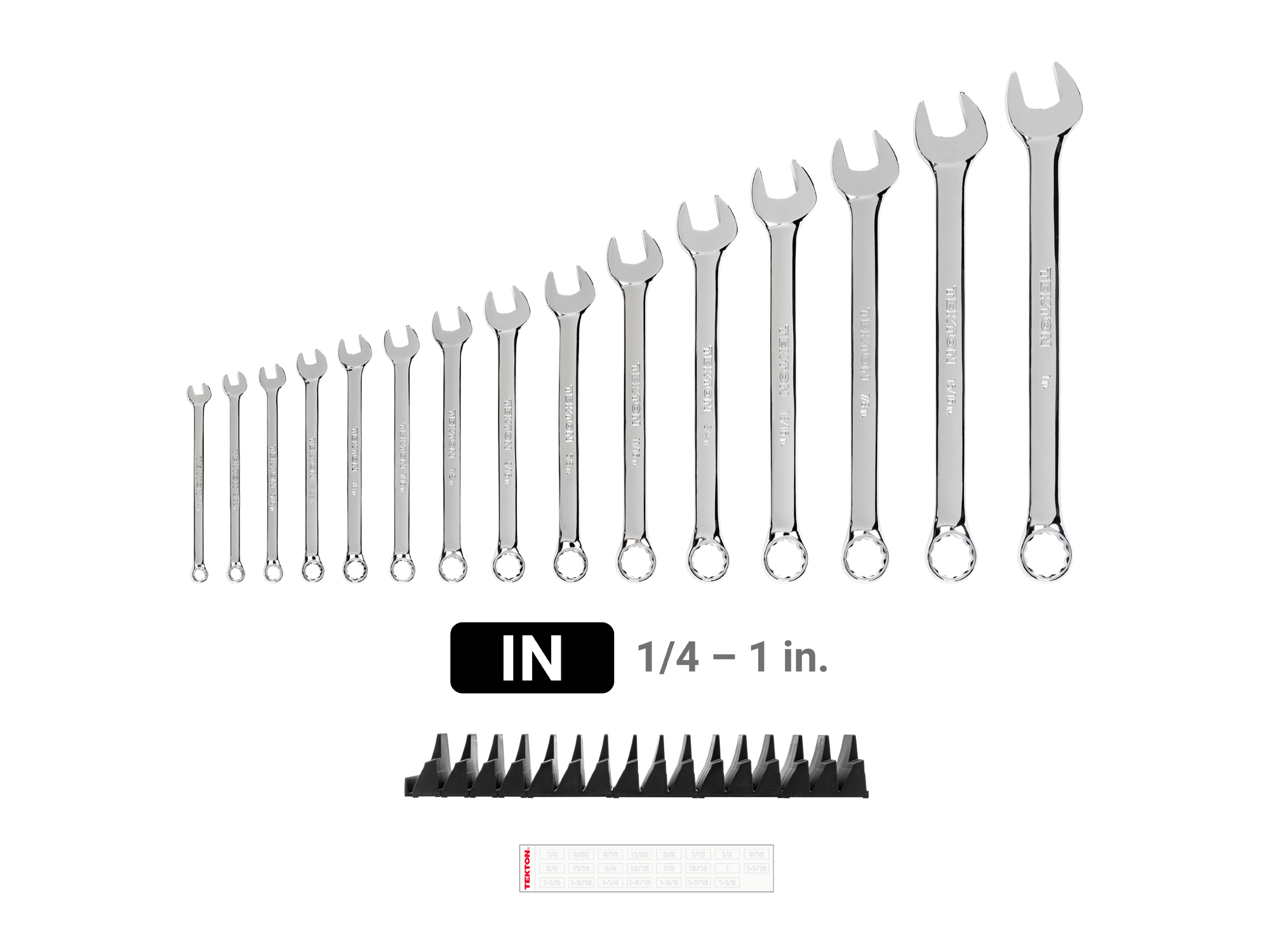 Includes: 1/4-1 inch (SAE) combination wrenches with no skipped sizes. Set comes with USA-made modular wrench organizers ideal for tool cabinet drawers. WCB95102.