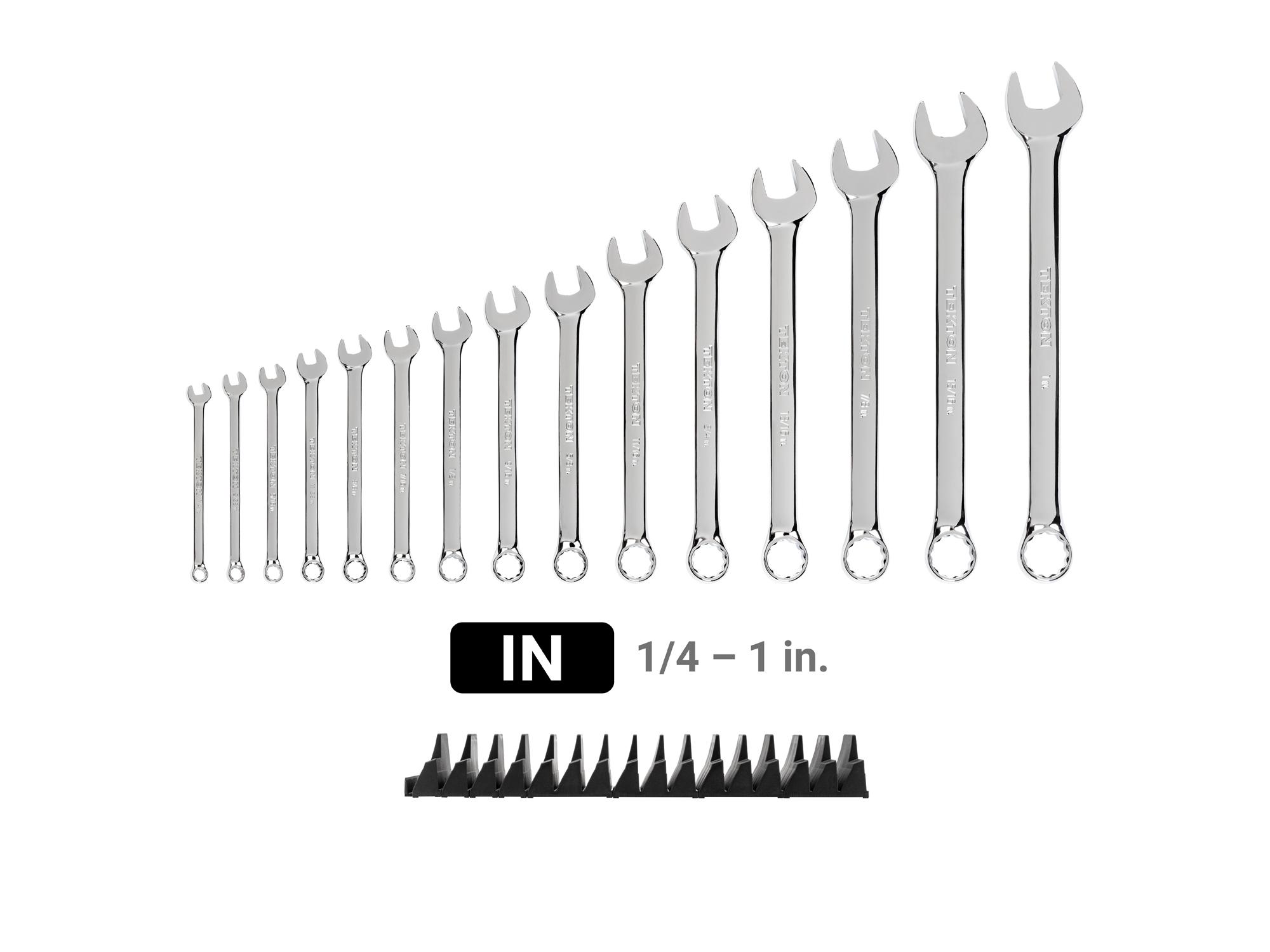 Laid out contents of Tekton modular combination wrench set. Item #WCB95102