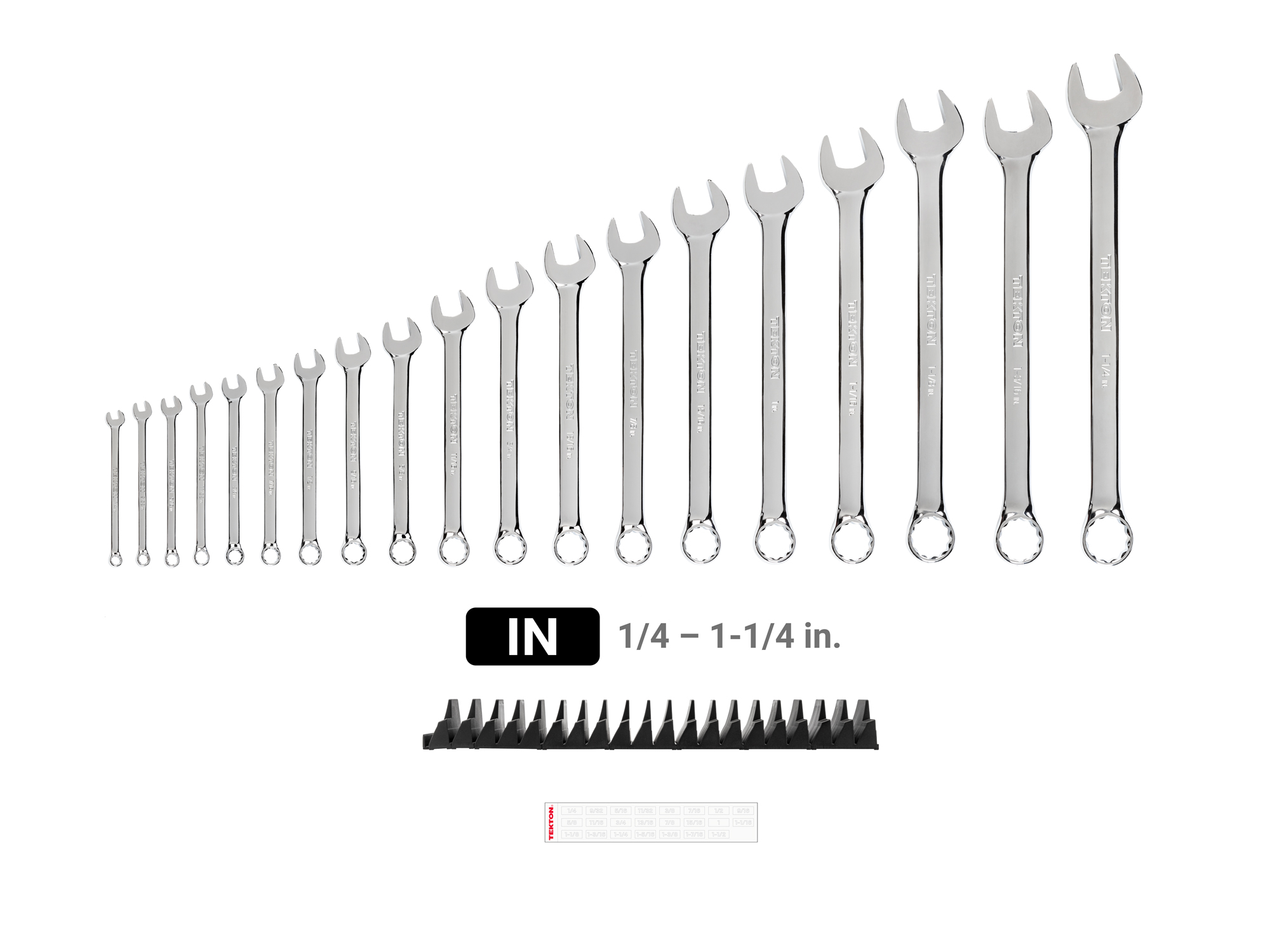 Includes: 1/4 - 1-1/4 inch (SAE) combination wrenches with no skipped sizes. Set comes with USA-made modular wrench organizers ideal for tool cabinet drawers. WCB95103.