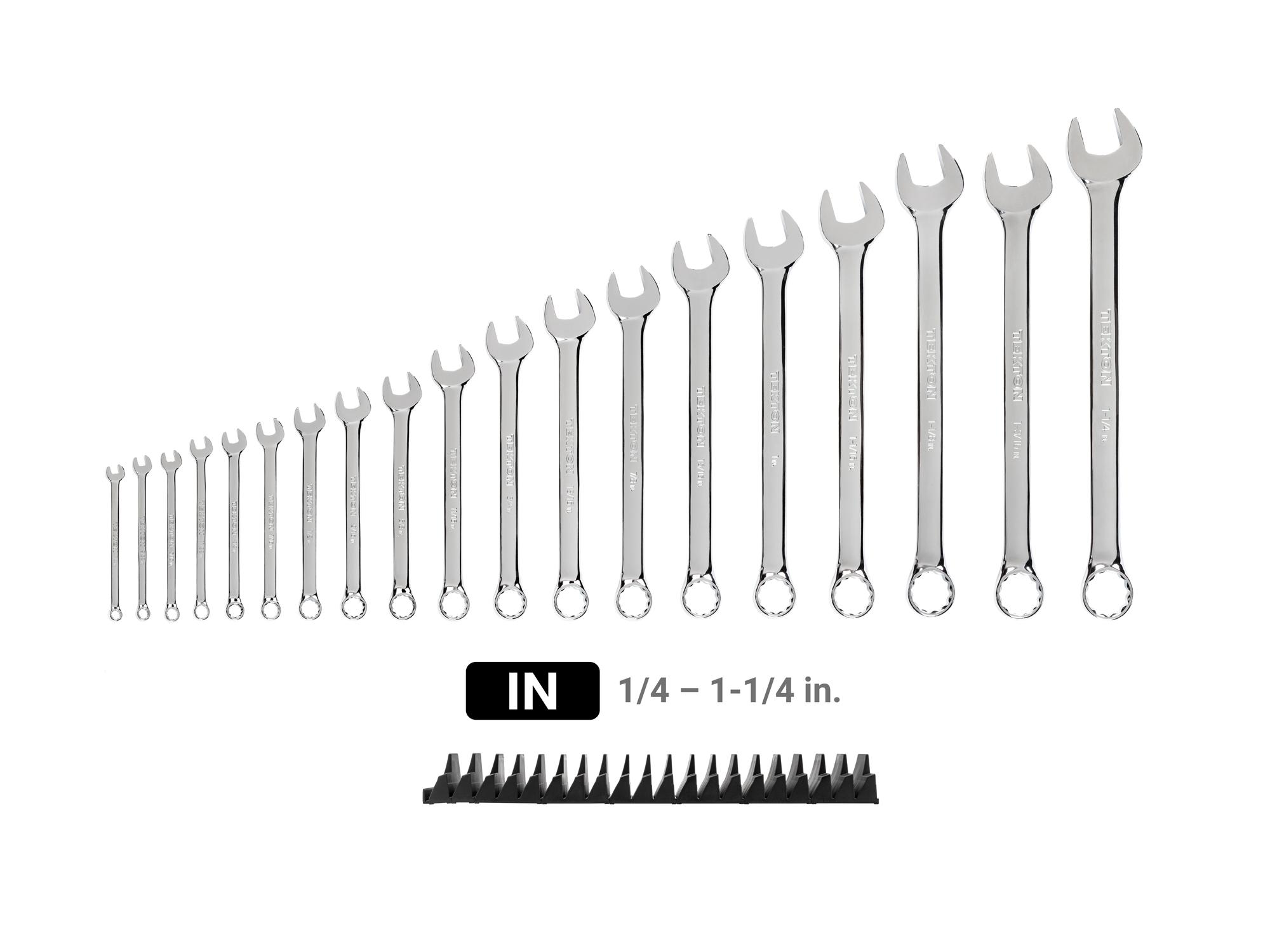 Laid out contents of Tekton modular combination wrench set. Item #WCB95103